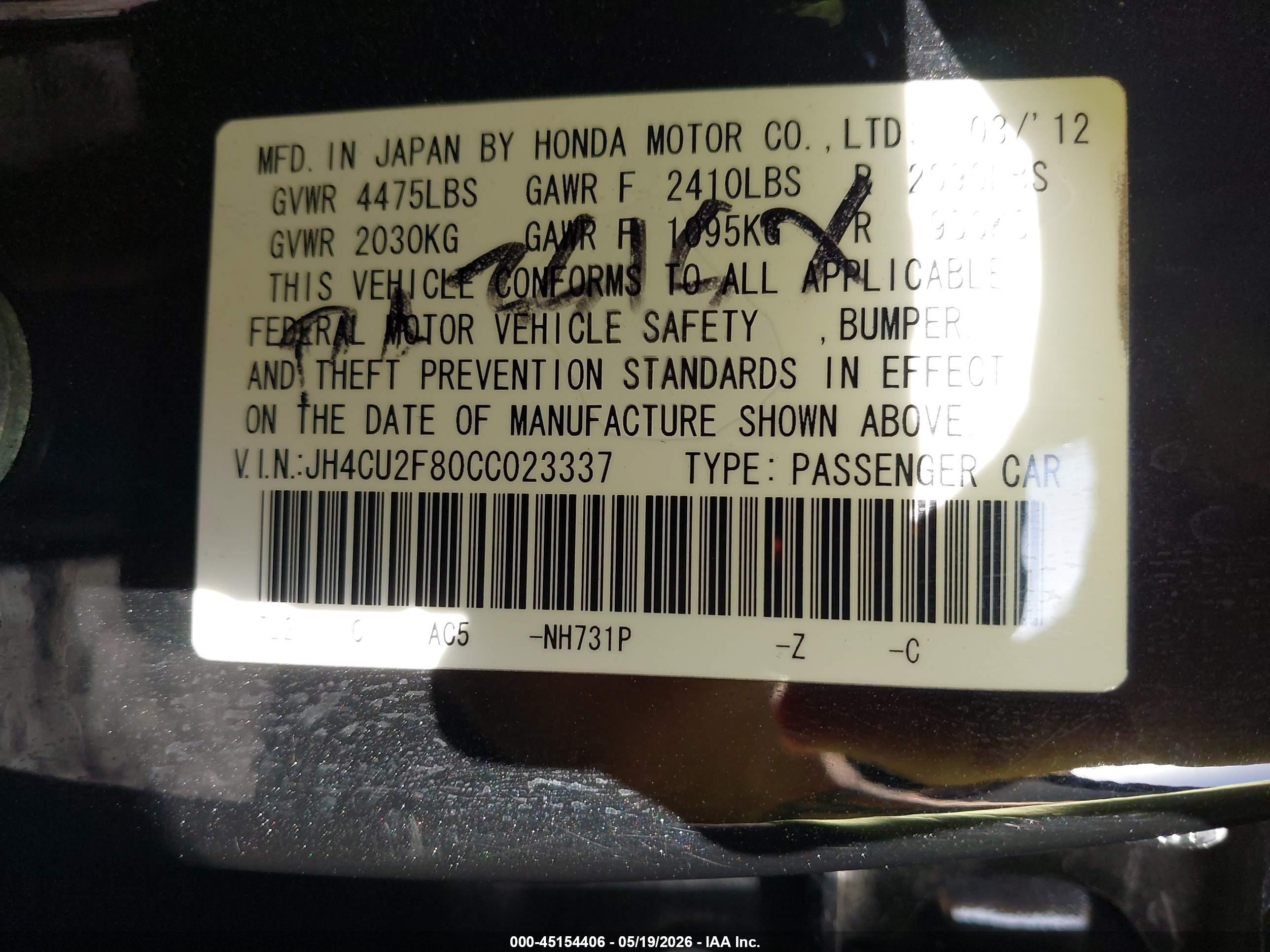 2012 Acura Tsx 2.4 Black vin: JH4CU2F80CC023337