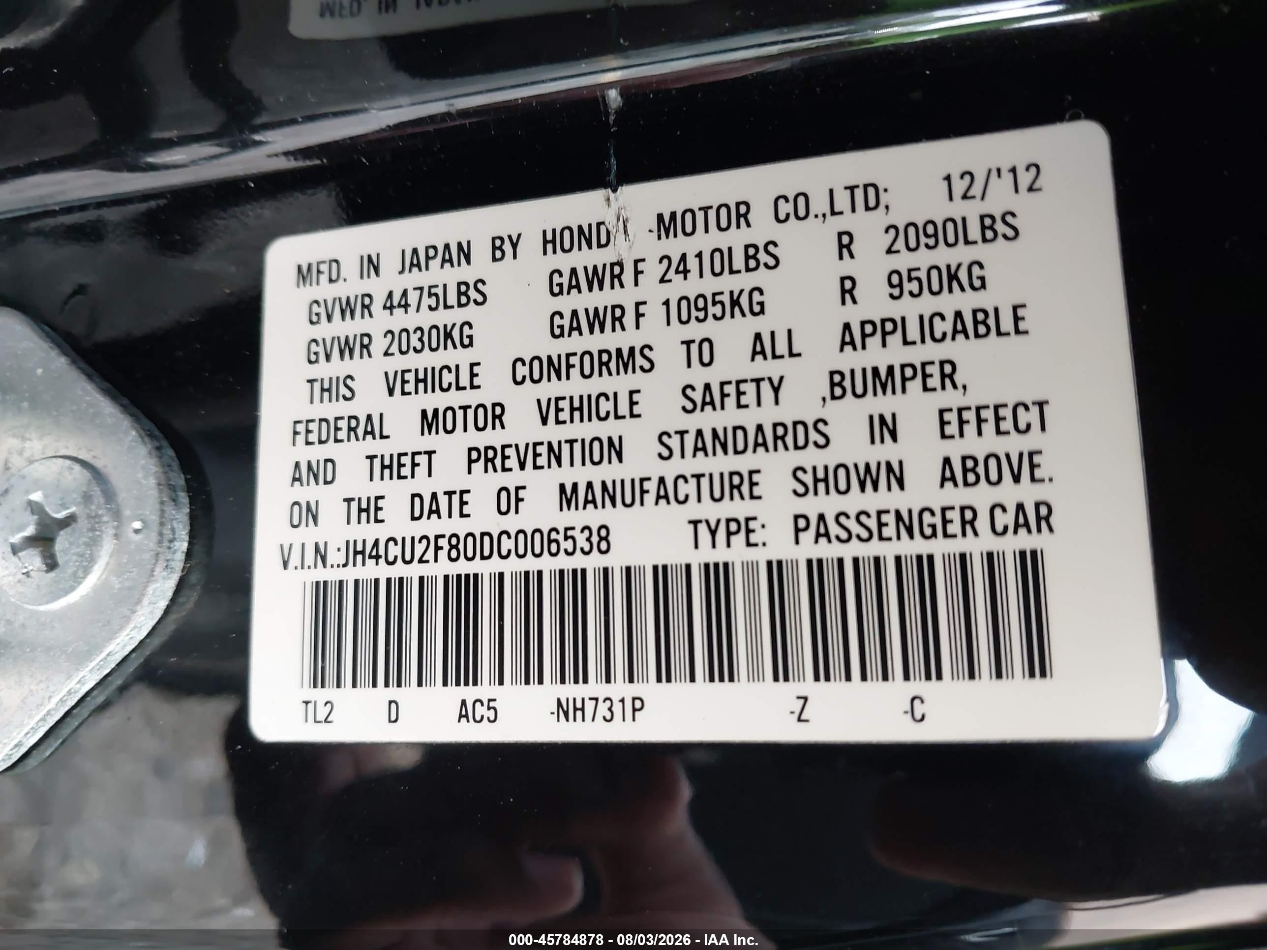 2013 Acura Tsx 2.4 Black vin: JH4CU2F80DC006538