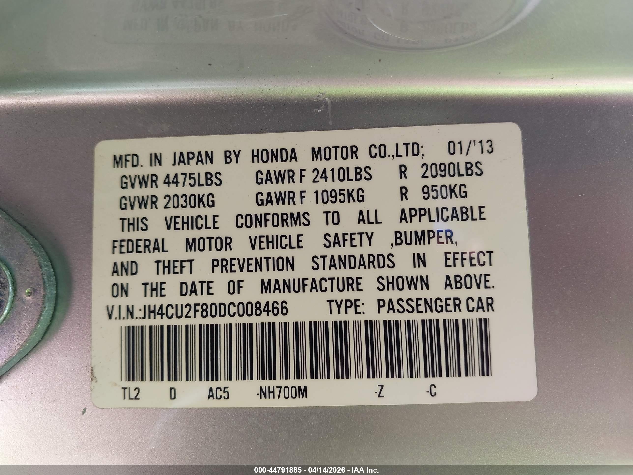 2013 Acura Tsx 2.4 Silver vin: JH4CU2F80DC008466