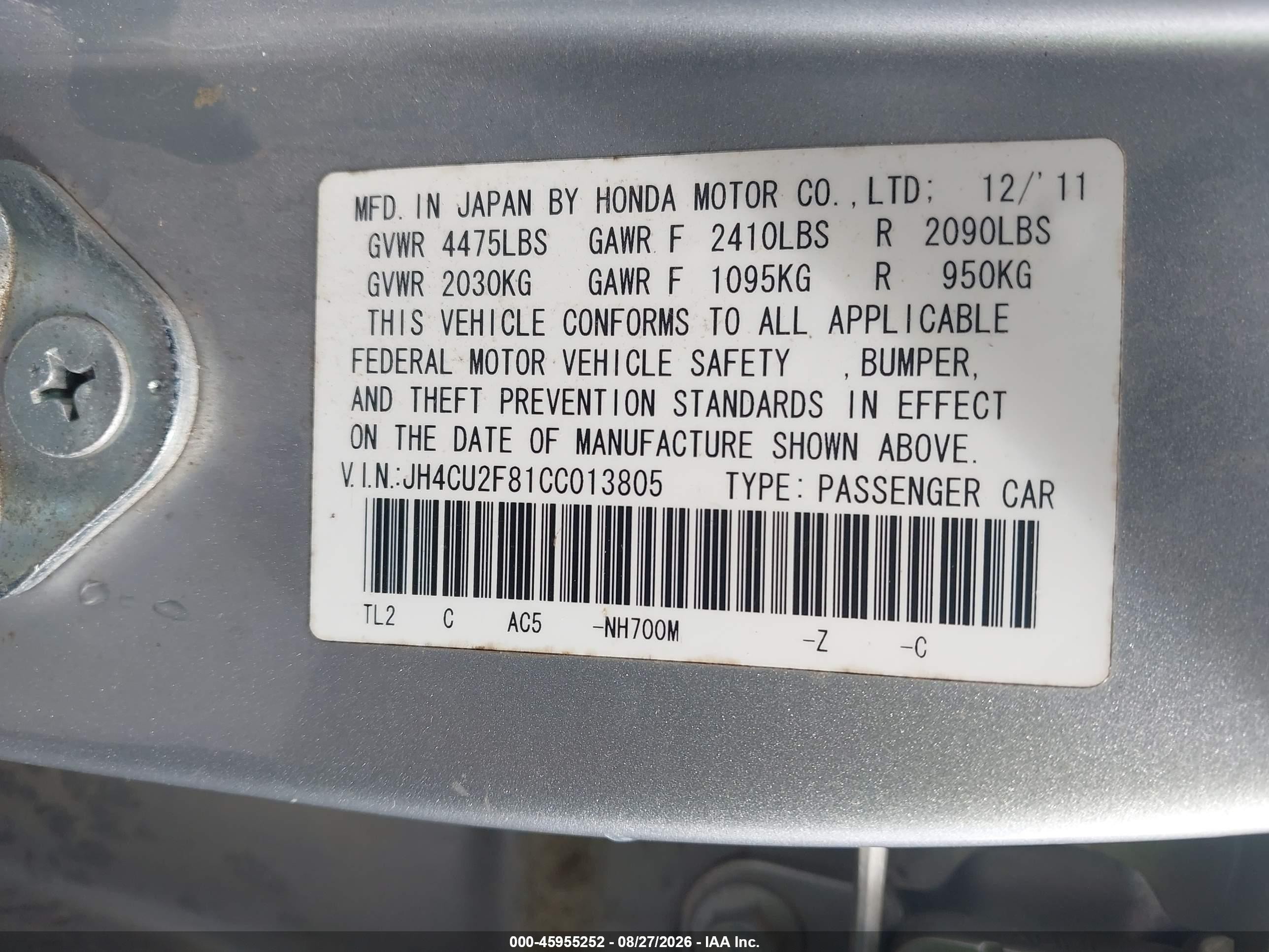 2012 Acura Tsx 2.4 Silver vin: JH4CU2F81CC013805