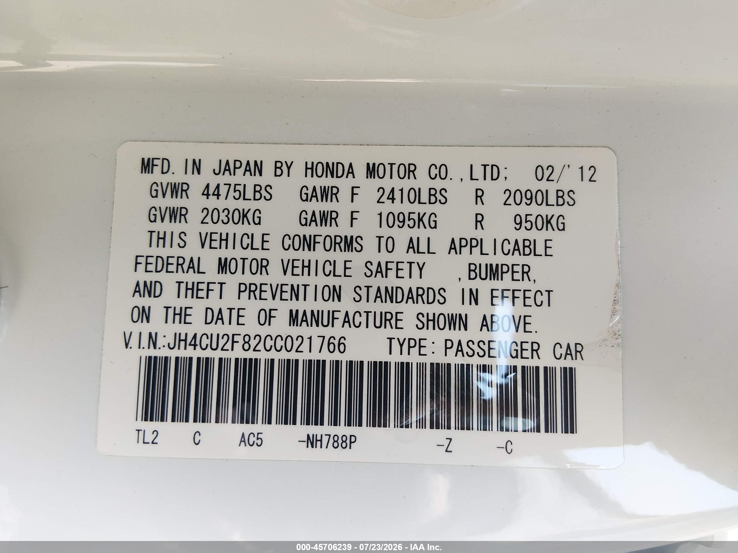 2012 Acura Tsx 2.4 White vin: JH4CU2F82CC021766