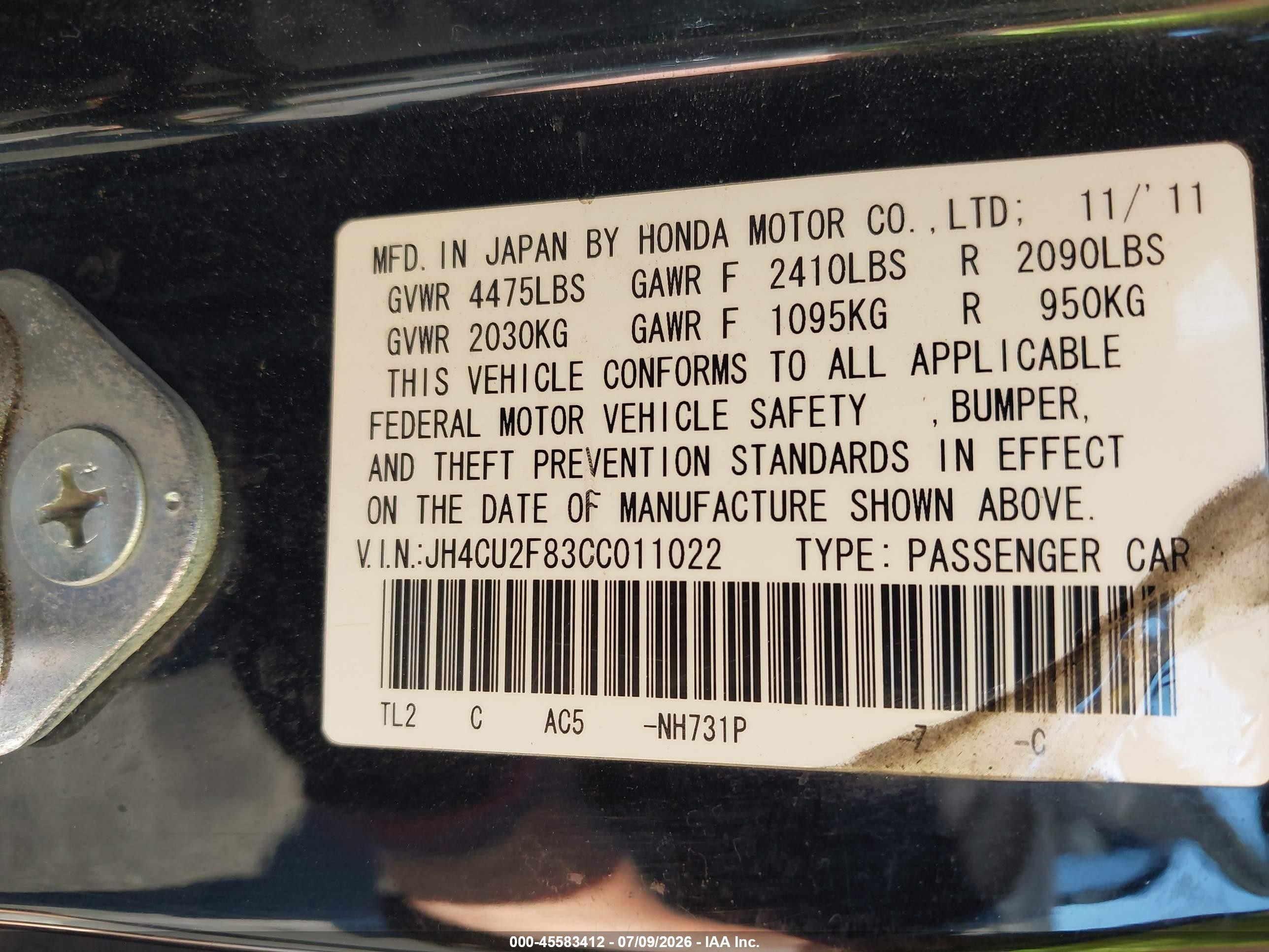 2012 Acura Tsx 2.4 Black vin: JH4CU2F83CC011022