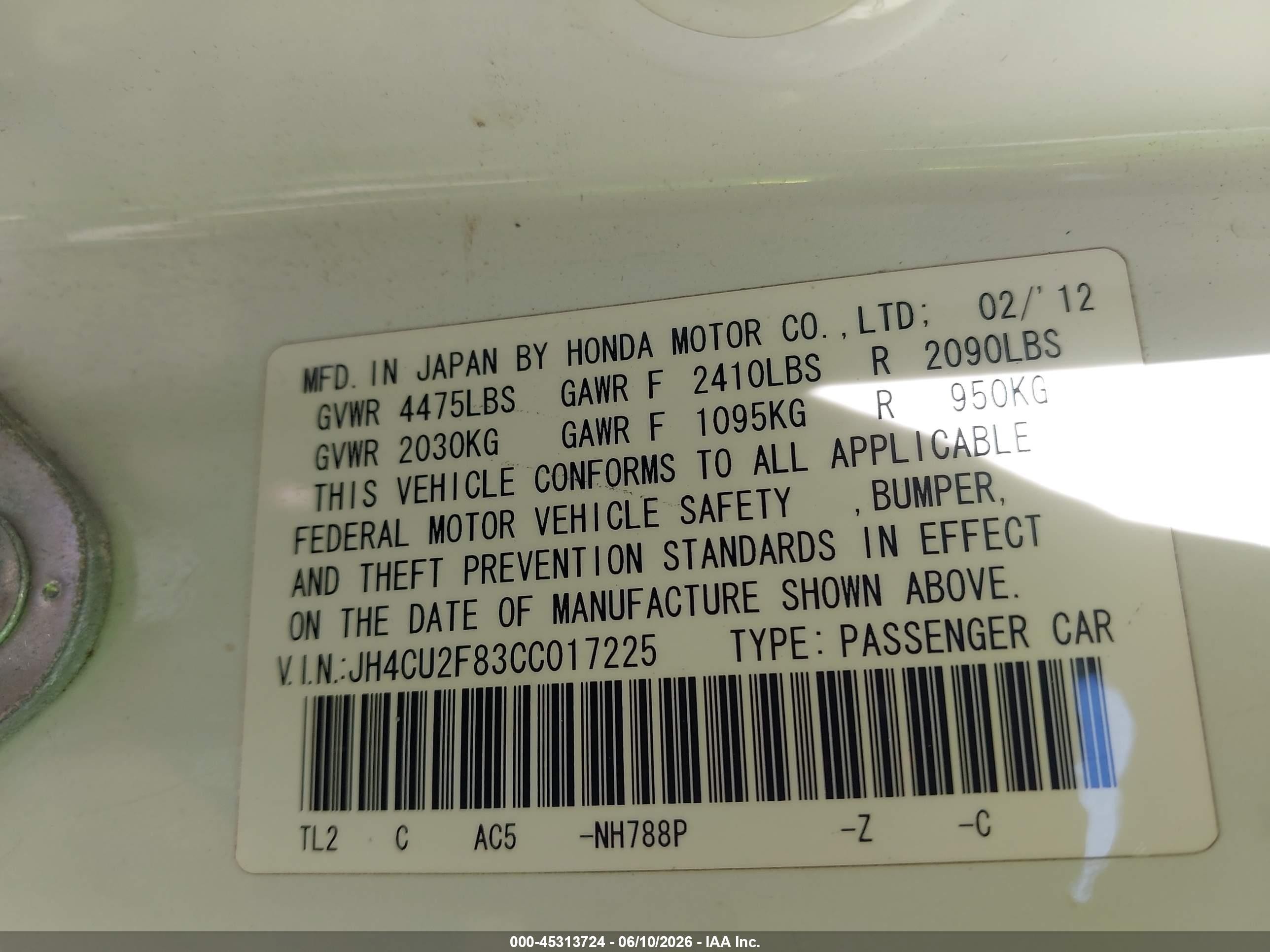 2012 Acura Tsx 2.4 White vin: JH4CU2F83CC017225