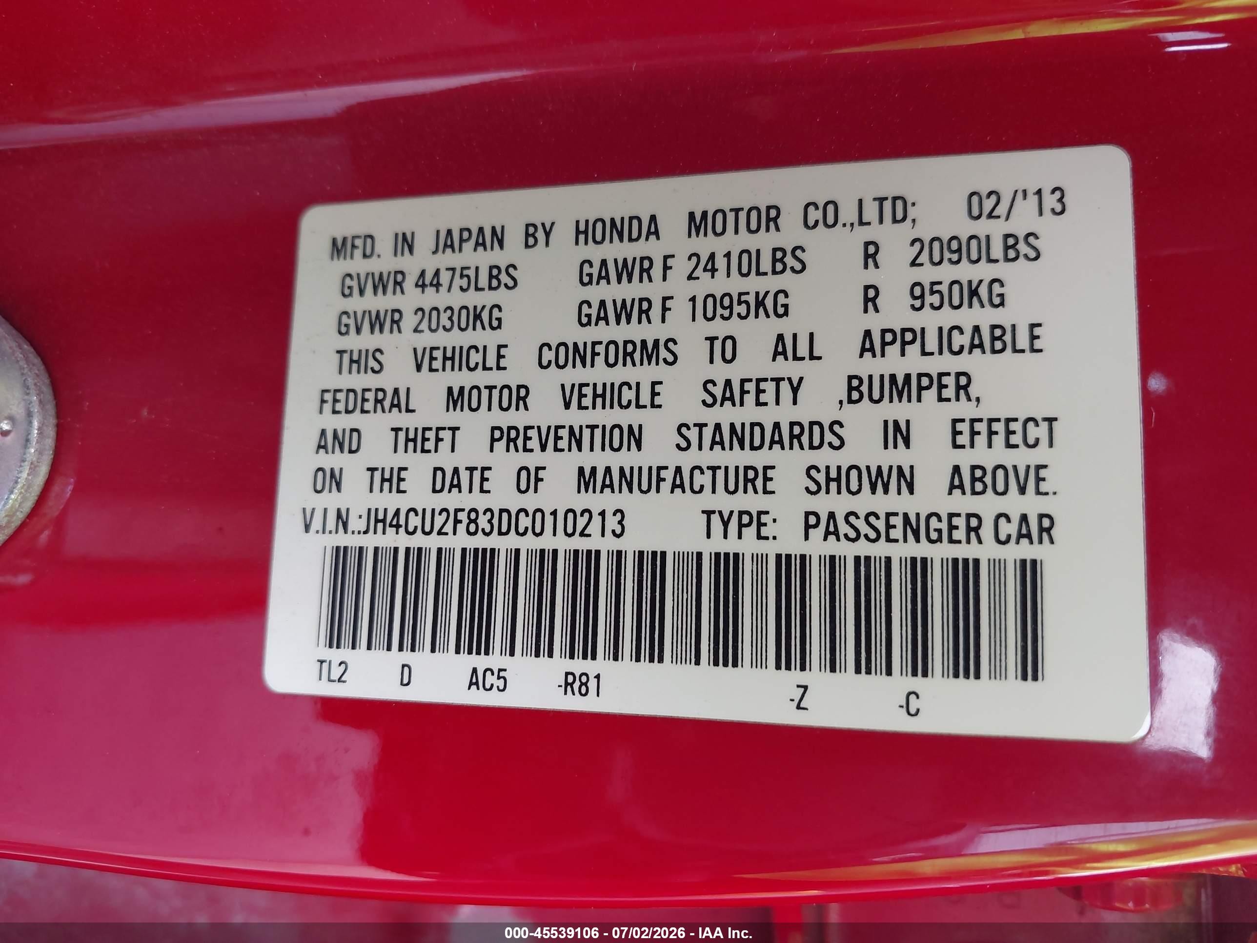 2013 Acura Tsx 2.4 Red vin: JH4CU2F83DC010213