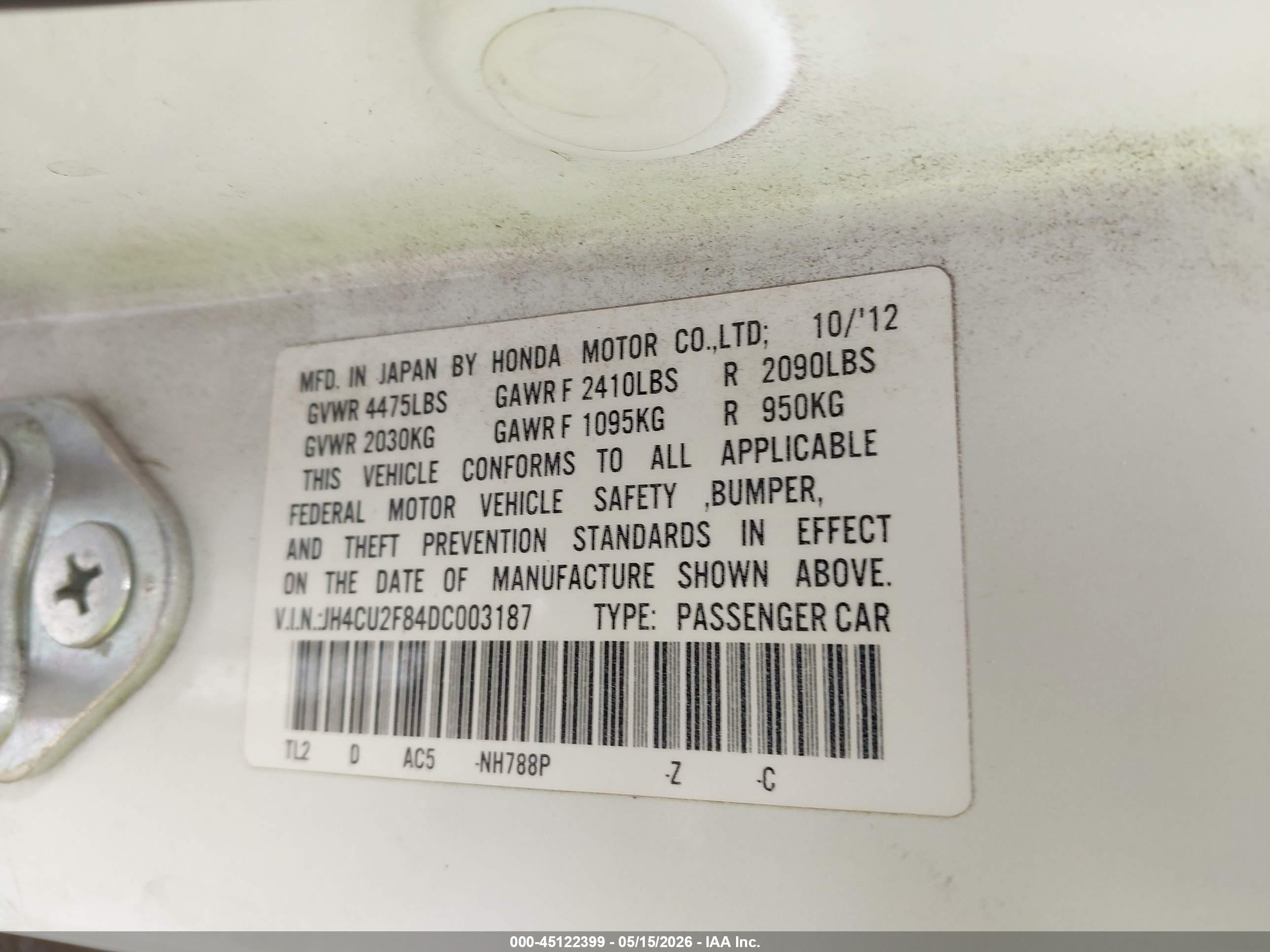 2013 Acura Tsx 2.4 White vin: JH4CU2F84DC003187