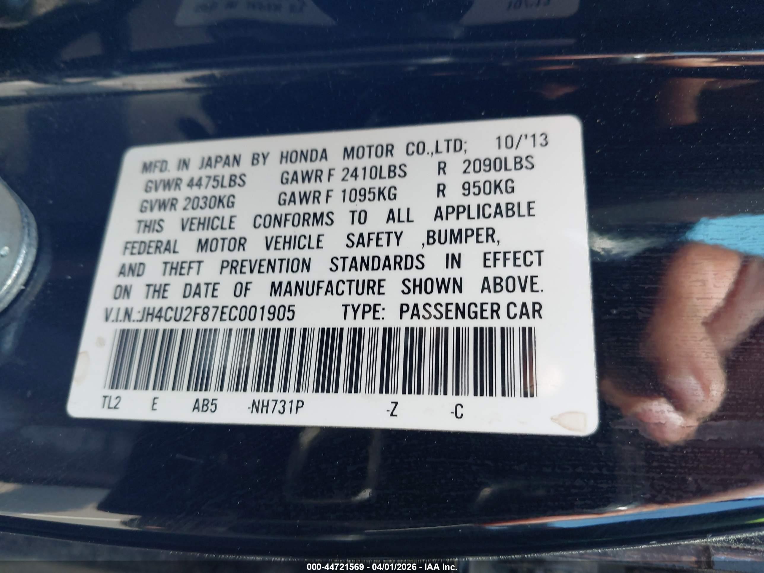 2014 Acura Tsx 2.4 Black vin: JH4CU2F87EC001905