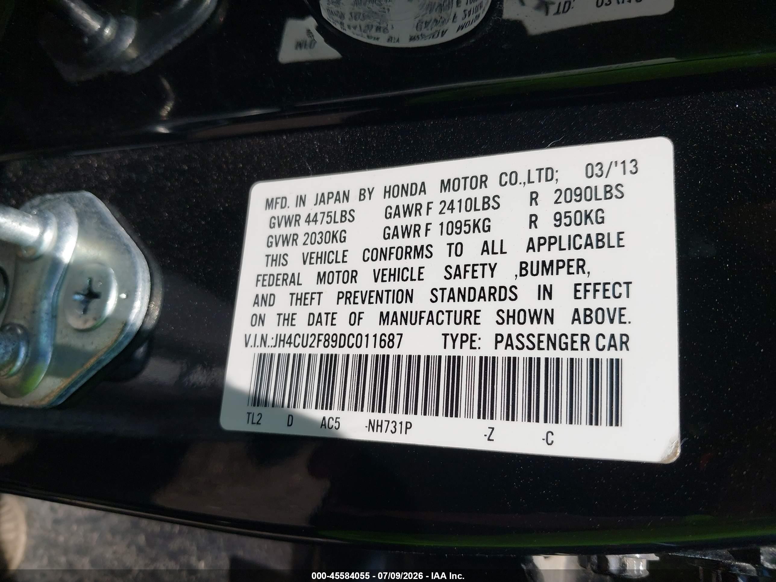 2013 Acura Tsx 2.4 Черный vin: JH4CU2F89DC011687