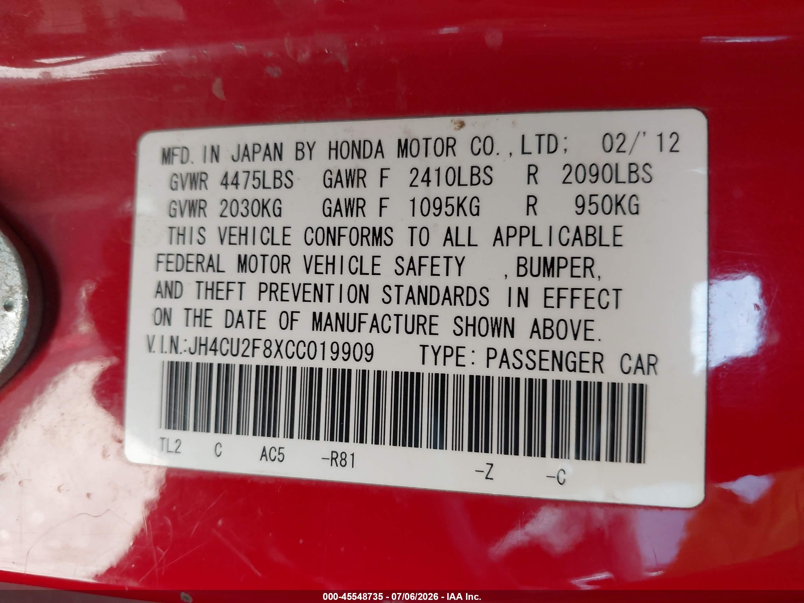 2012 Acura Tsx 2.4 Red vin: JH4CU2F8XCC019909