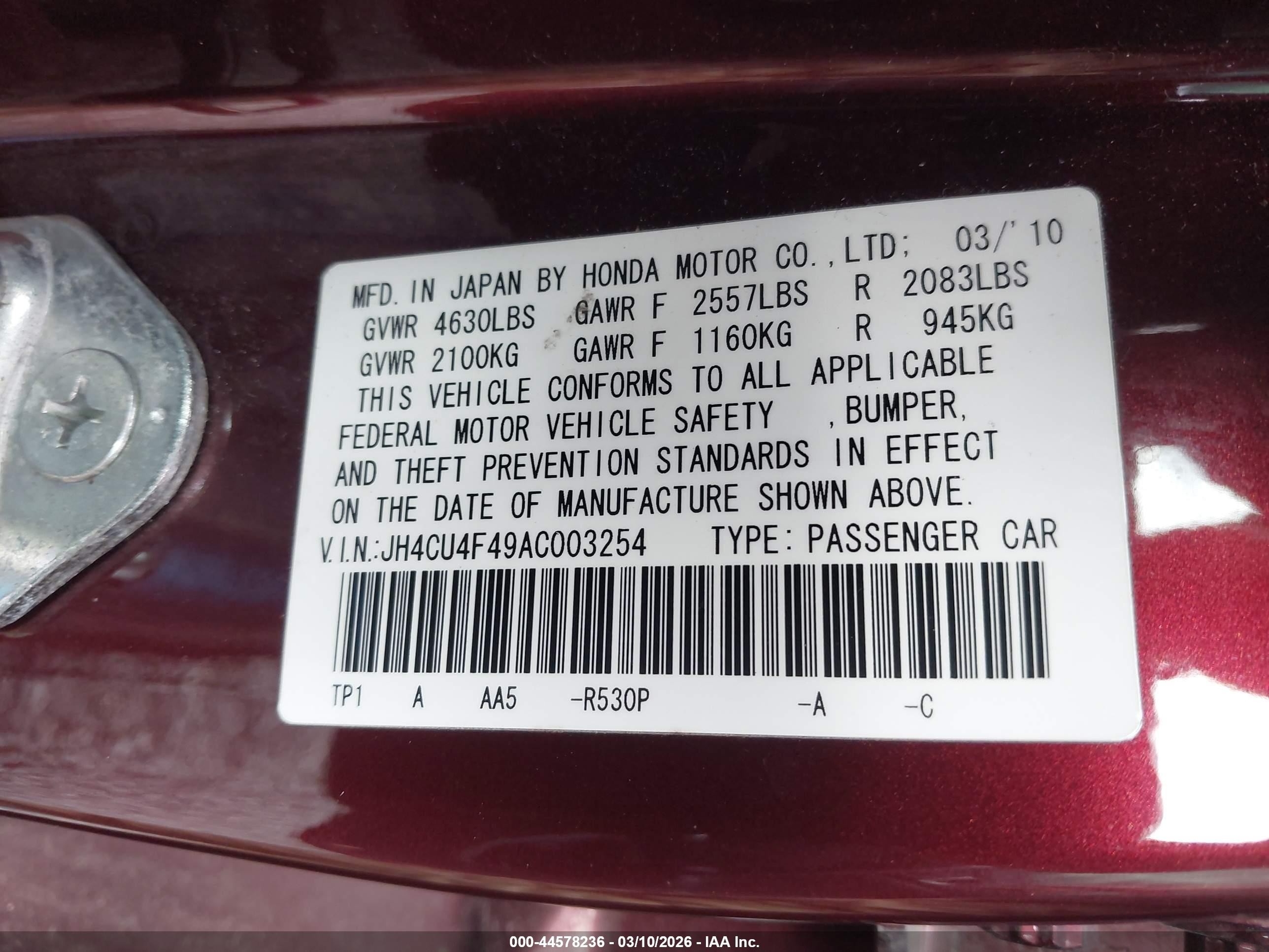 2010 Acura Tsx 3.5 Red vin: JH4CU4F49AC003254