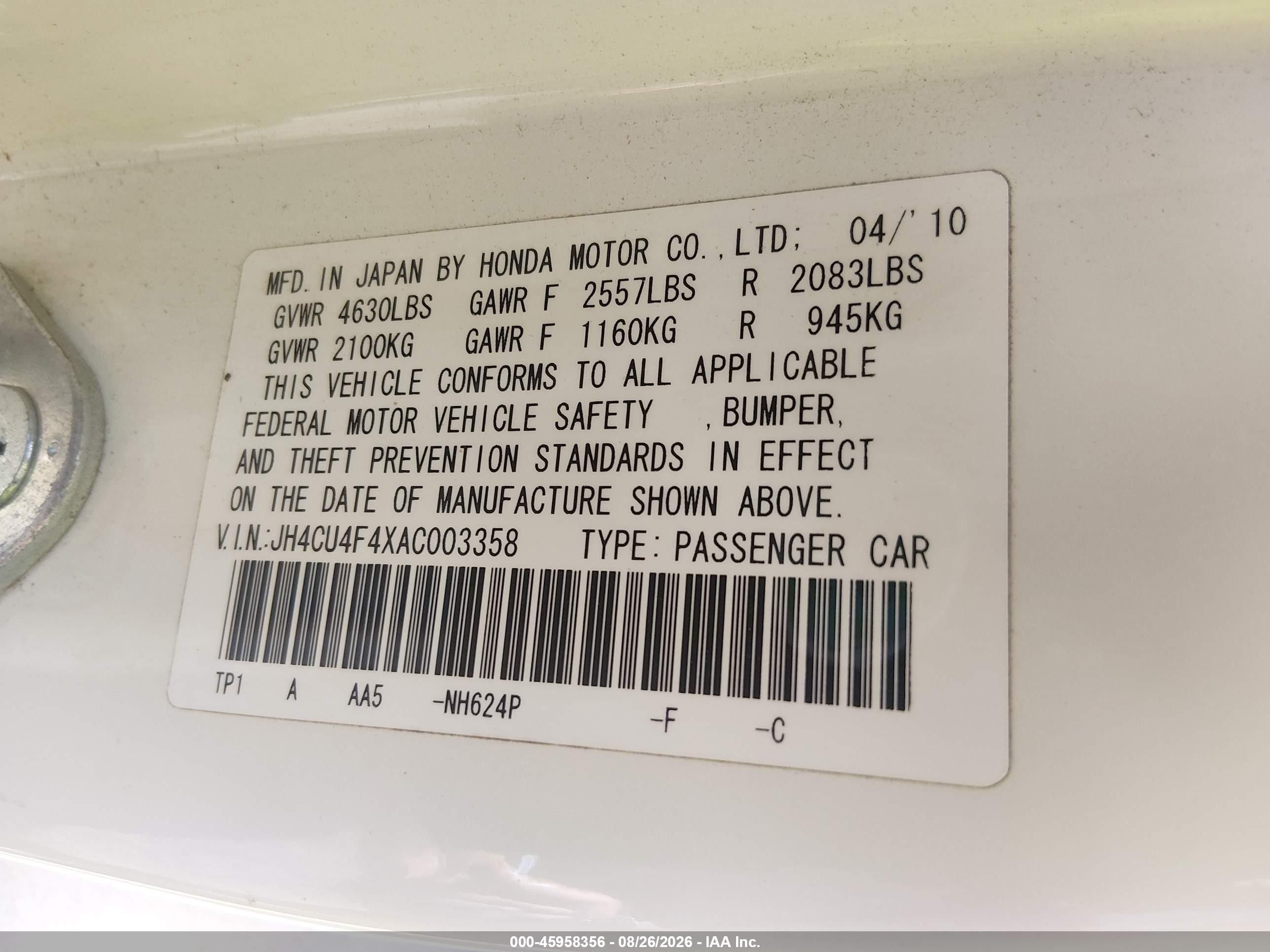 2010 Acura Tsx 3.5 White vin: JH4CU4F4XAC003358