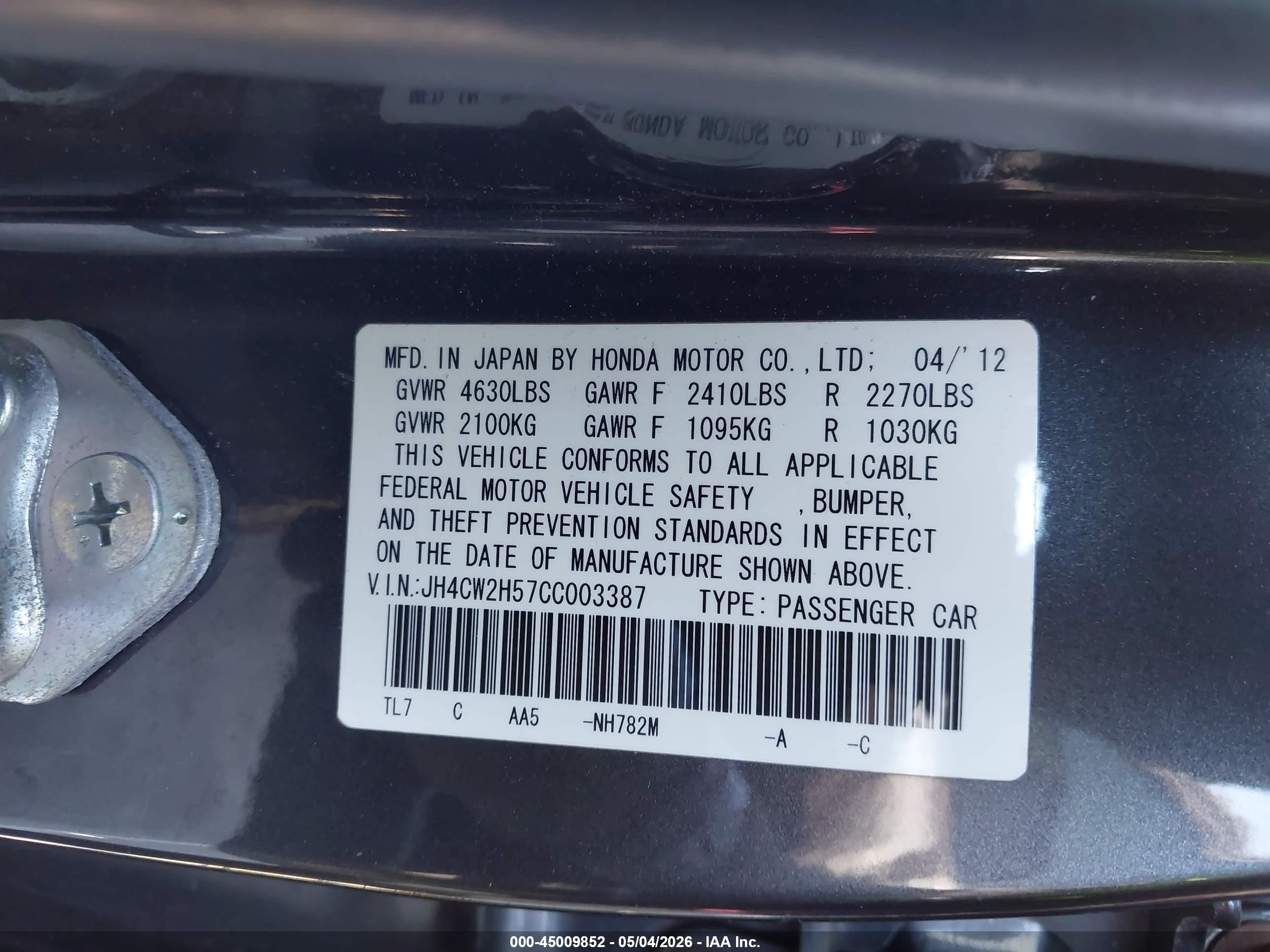 2012 Acura Tsx 2.4 Gray vin: JH4CW2H57CC003387