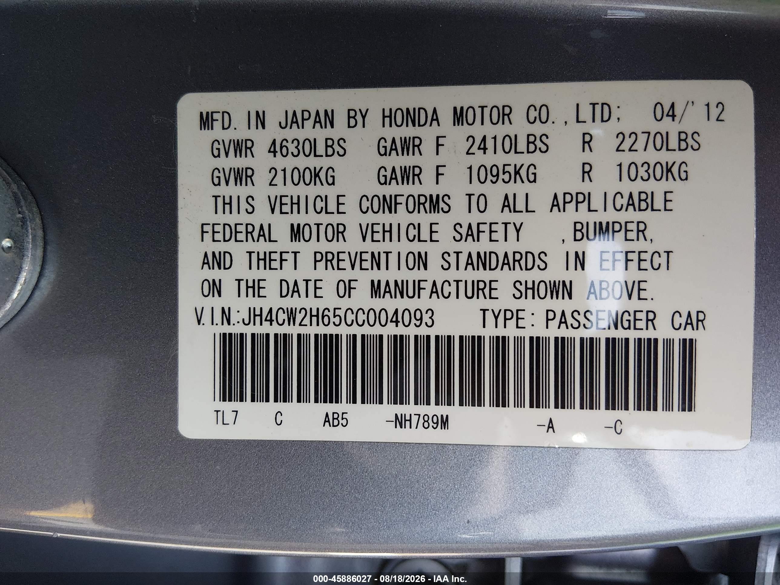 2012 Acura Tsx 2.4 Silver vin: JH4CW2H65CC004093