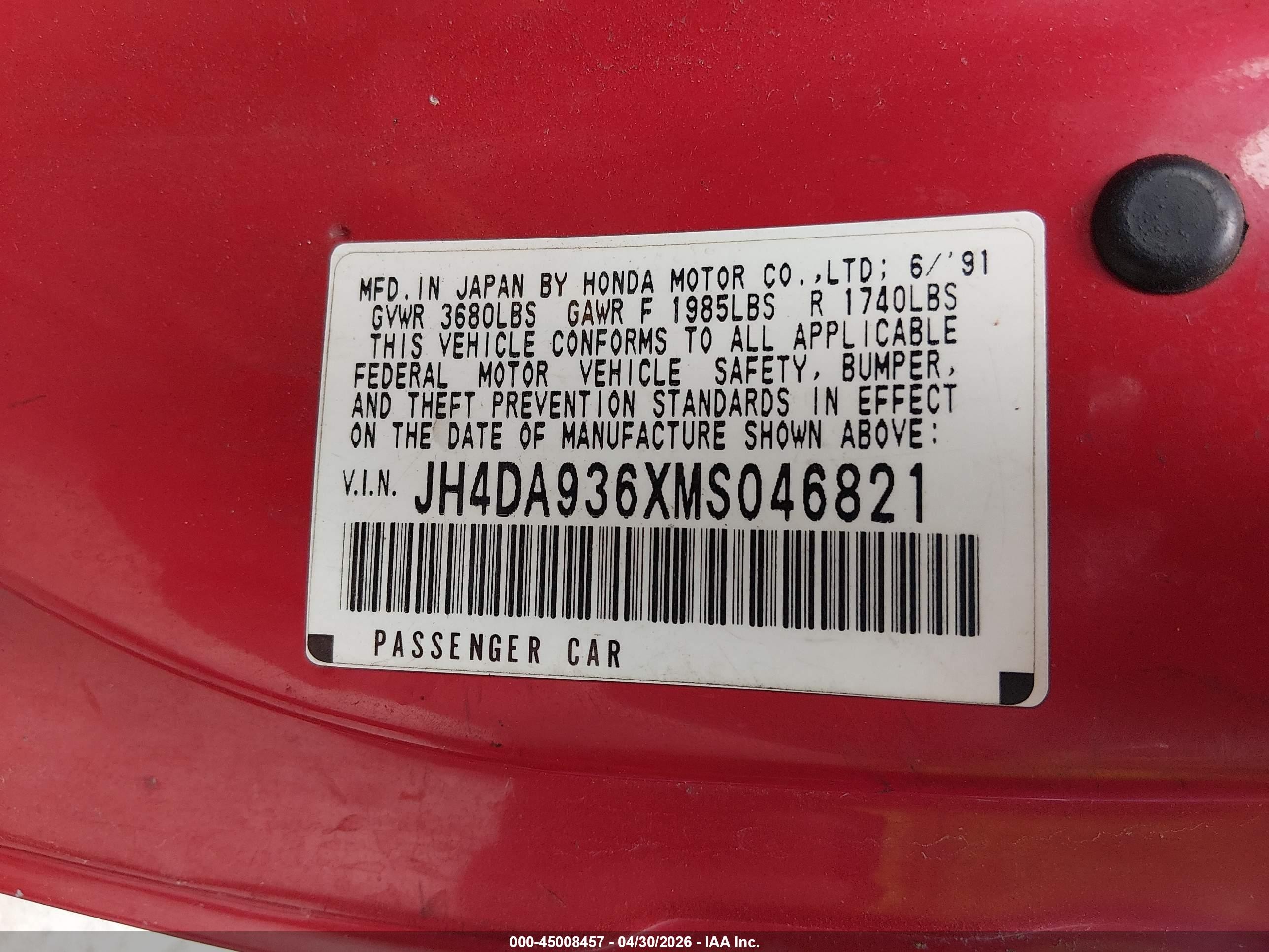 1991 Acura Integra Gs Red vin: JH4DA936XMS046821