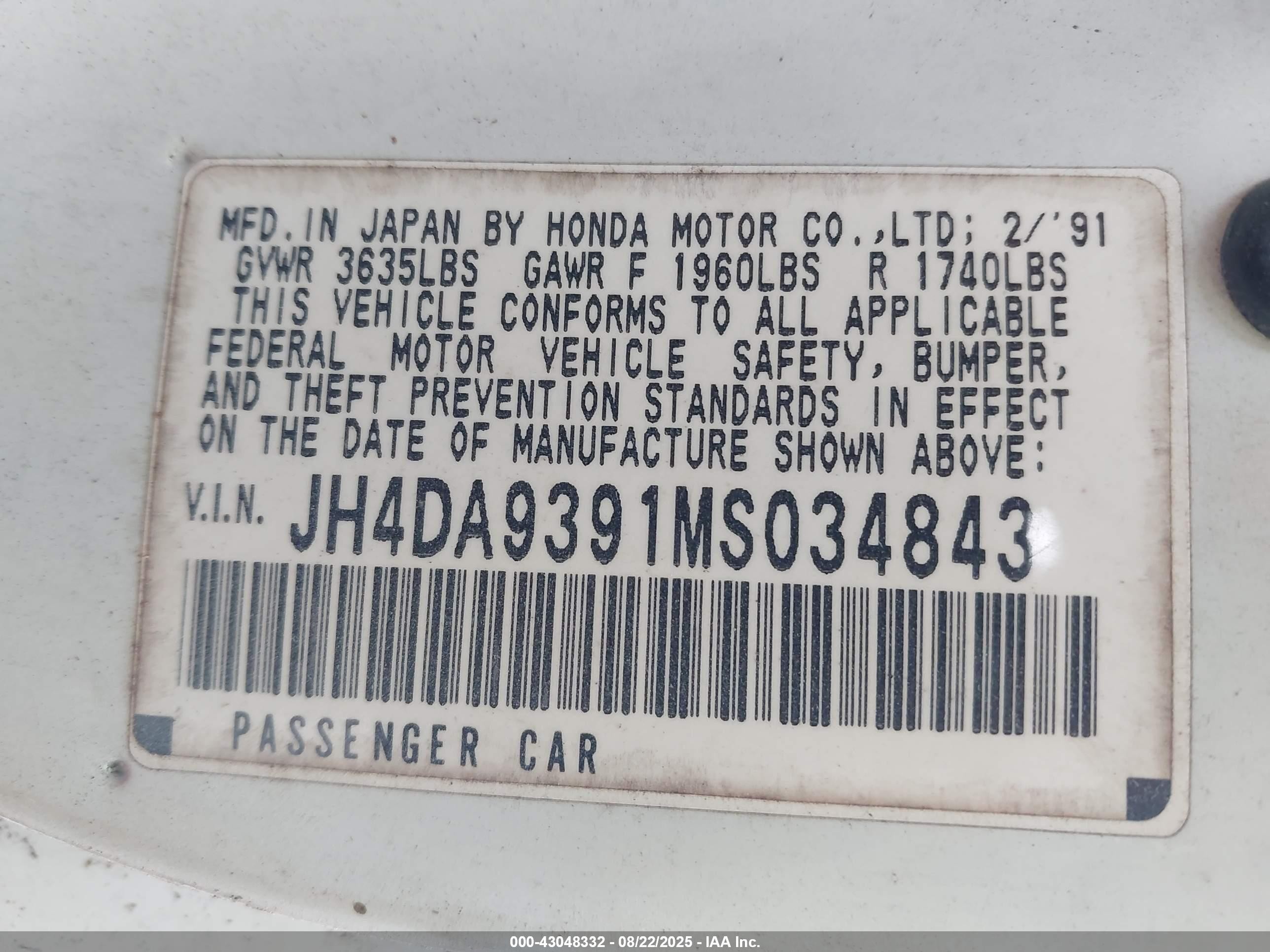 1991 Acura Integra Ls Special White vin: JH4DA9391MS034843