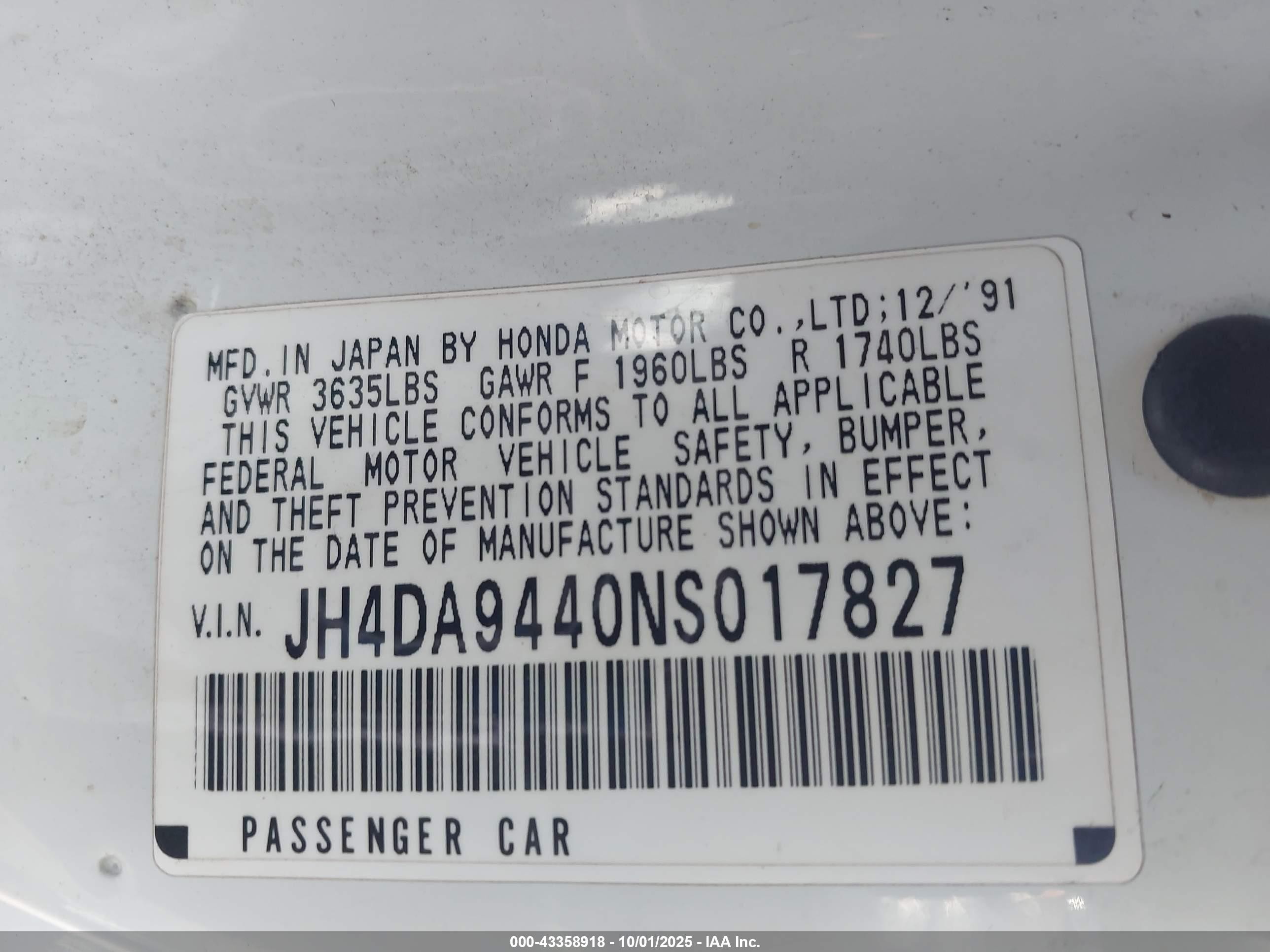 1992 Acura Integra Rs White vin: JH4DA9440NS017827