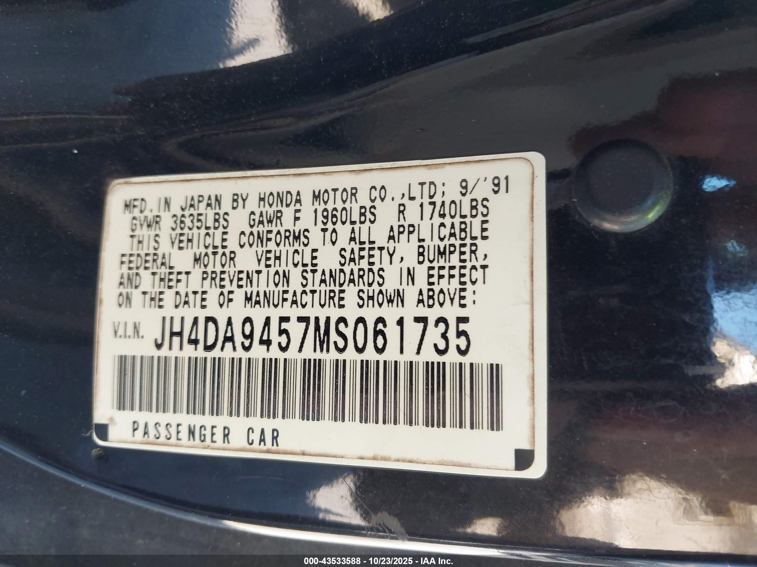 1991 Acura Integra Ls Black vin: JH4DA9457MS061735