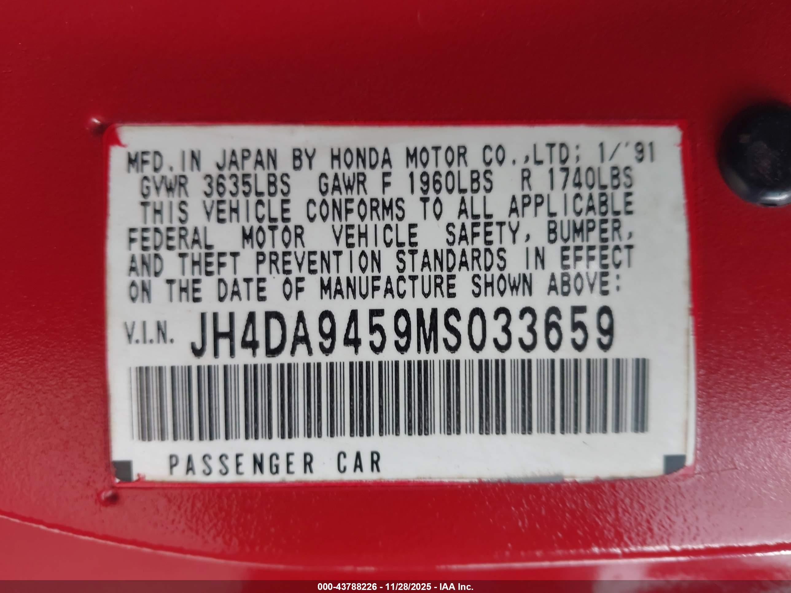1991 Acura Integra Ls Red vin: JH4DA9459MS033659