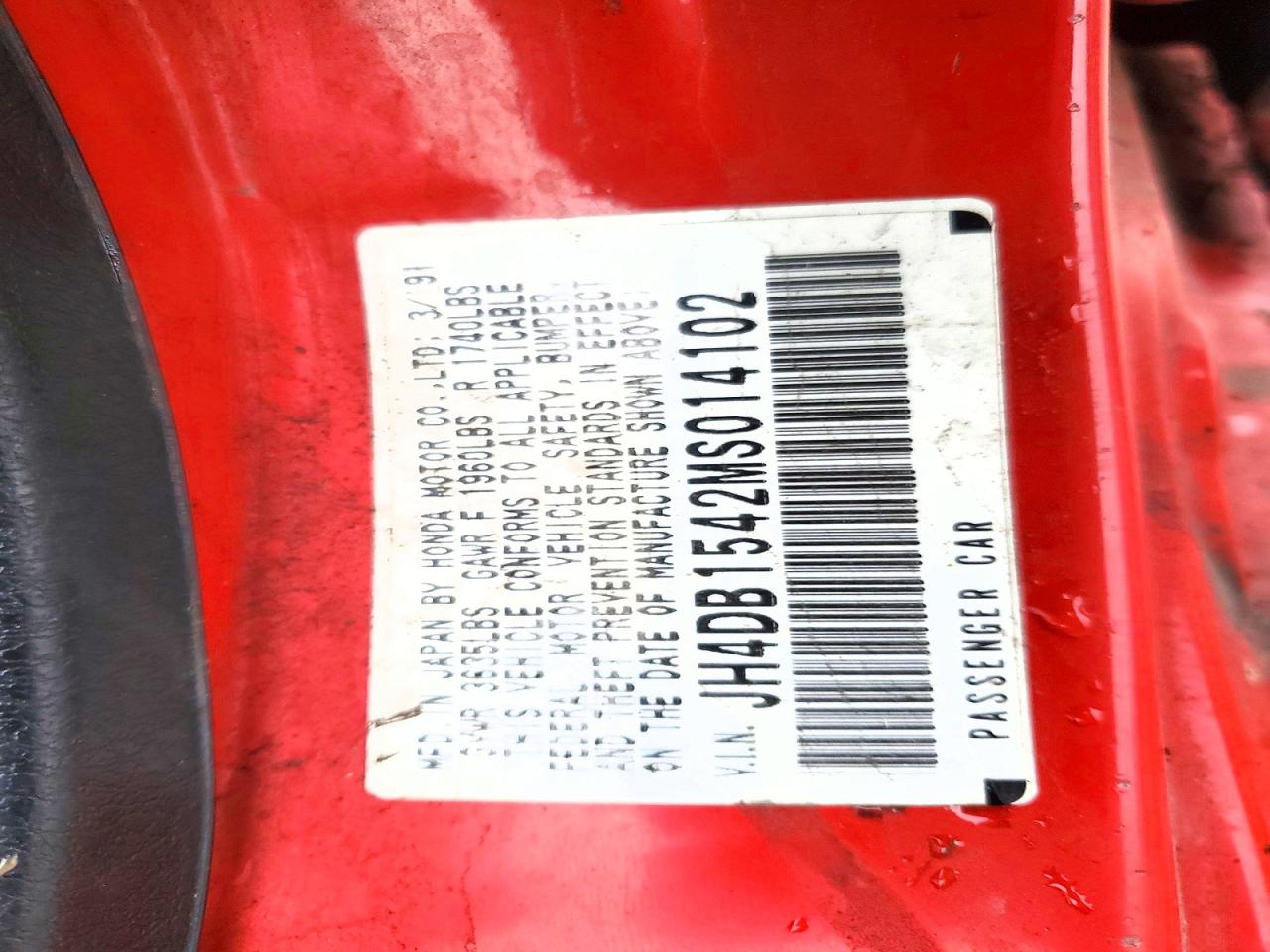 1991 Acura Integra Rs Red vin: JH4DB1542MS014102