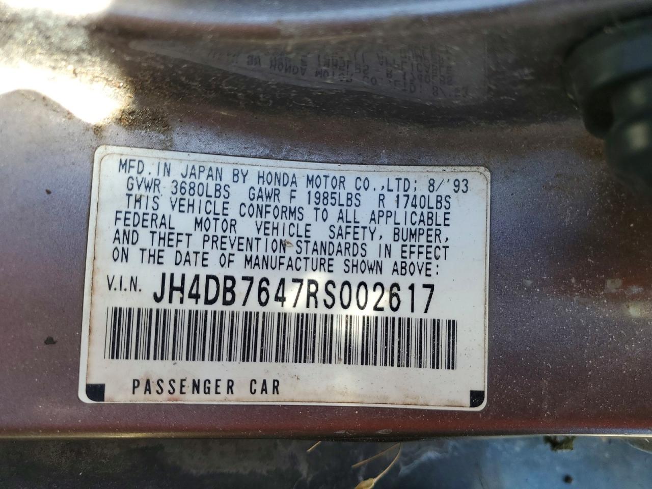 1994 Acura Integra Rs Gray vin: JH4DB7647RS002617