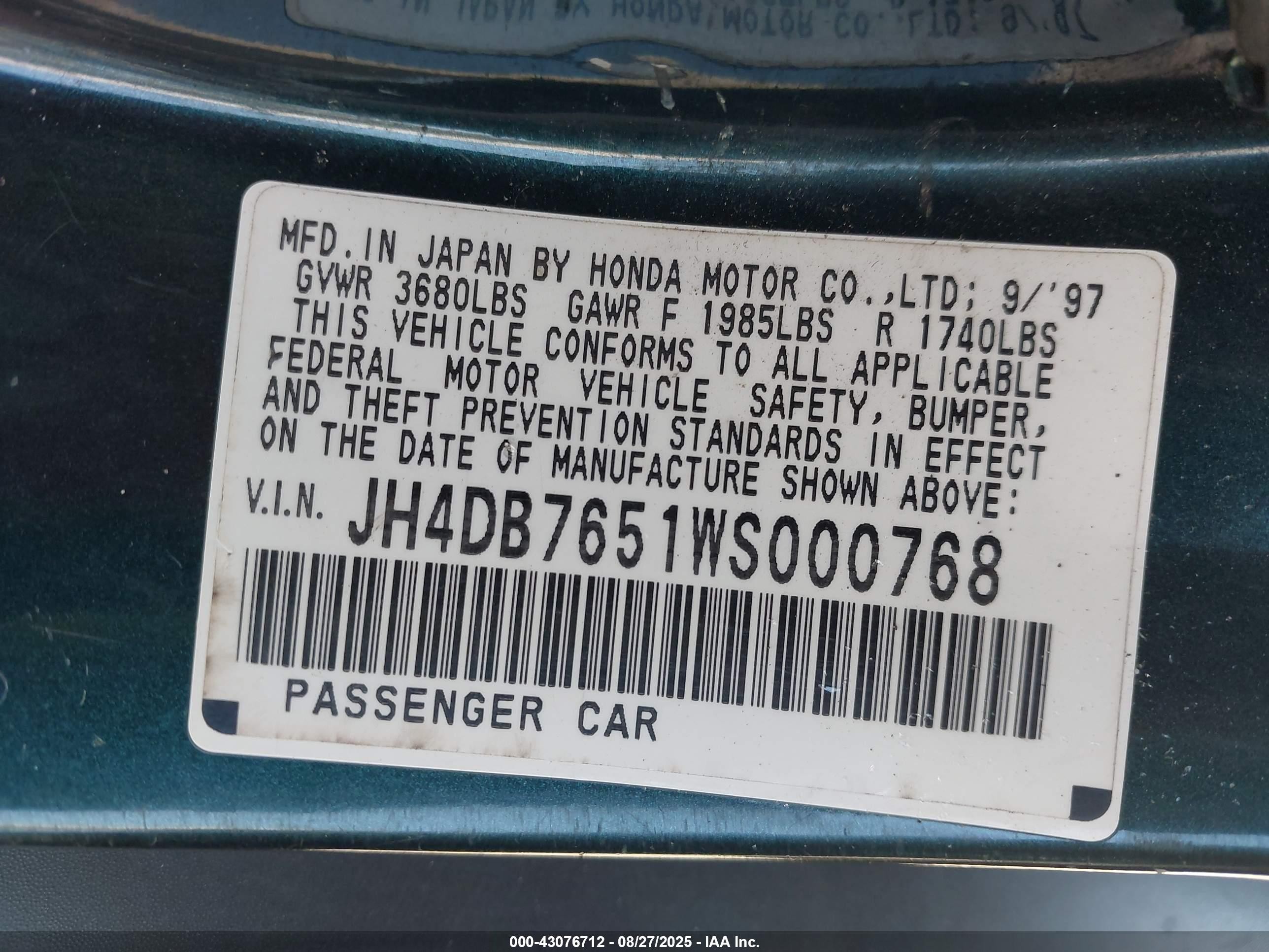 1998 Acura Integra Ls Green vin: JH4DB7651WS000768