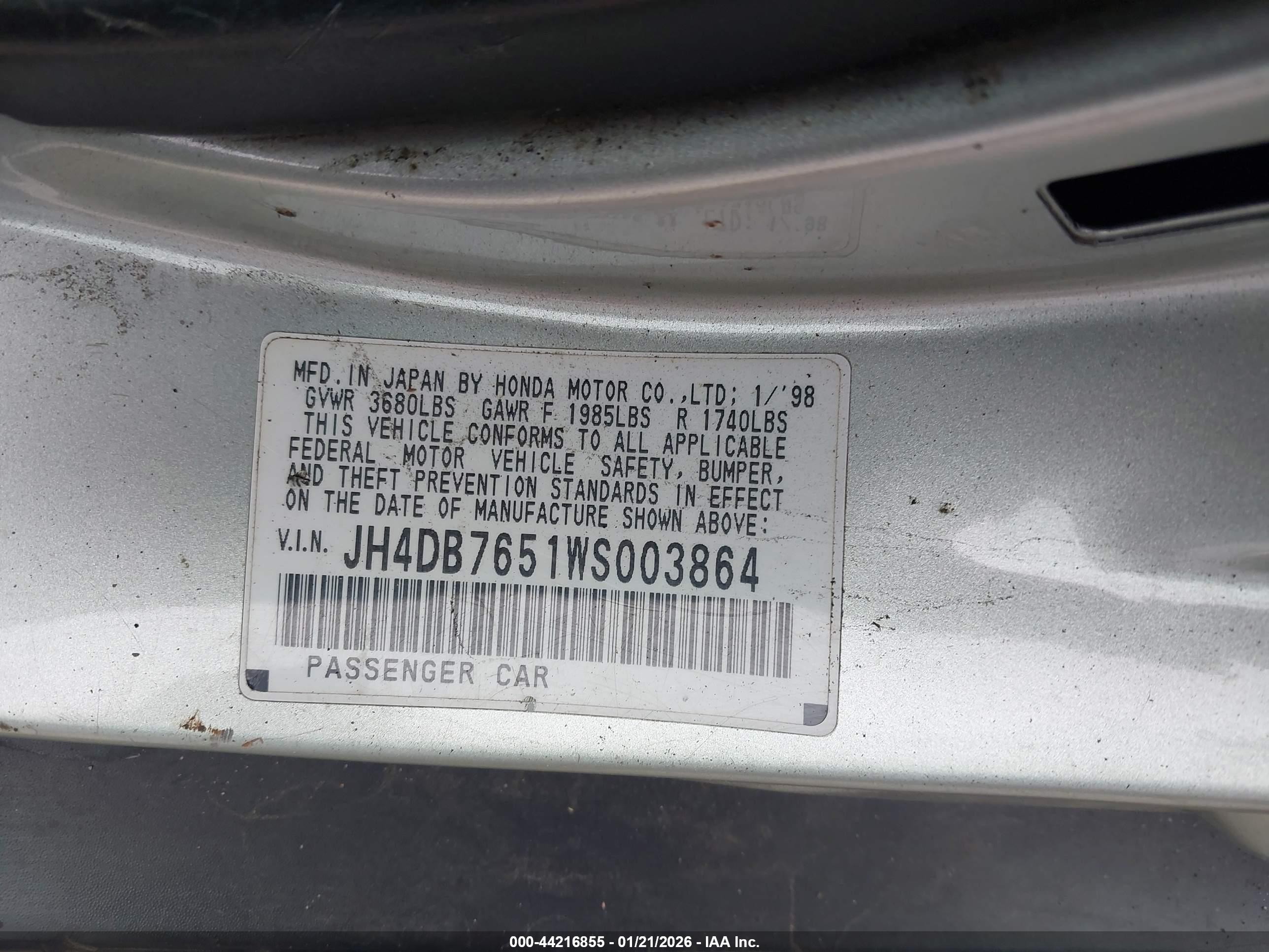 1998 Acura Integra Ls Gray vin: JH4DB7651WS003864