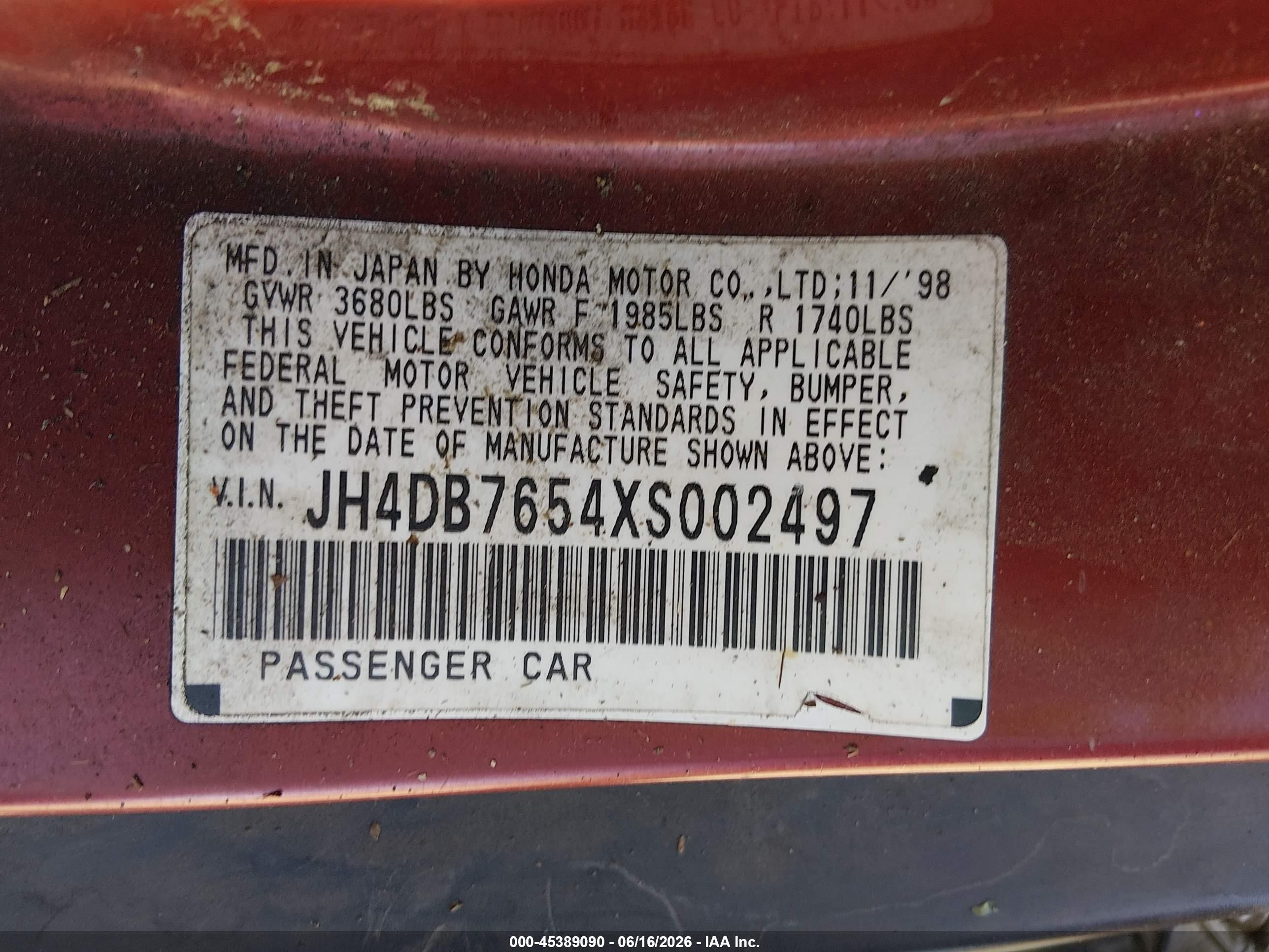 1999 Acura Integra Ls Red vin: JH4DB7654XS002497