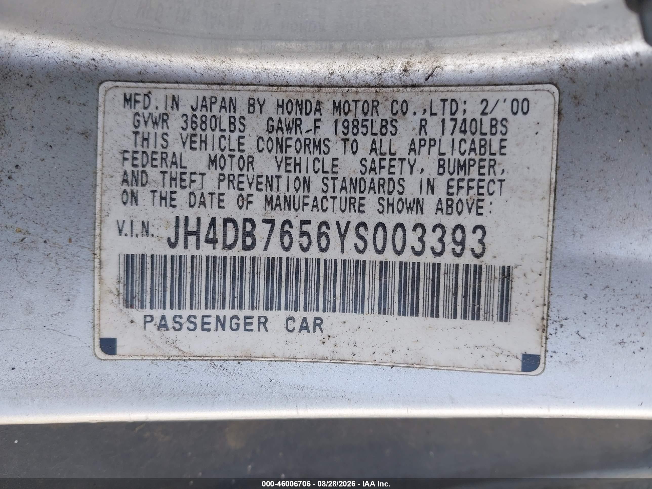 2000 Acura Integra Ls Silver vin: JH4DB7656YS003393