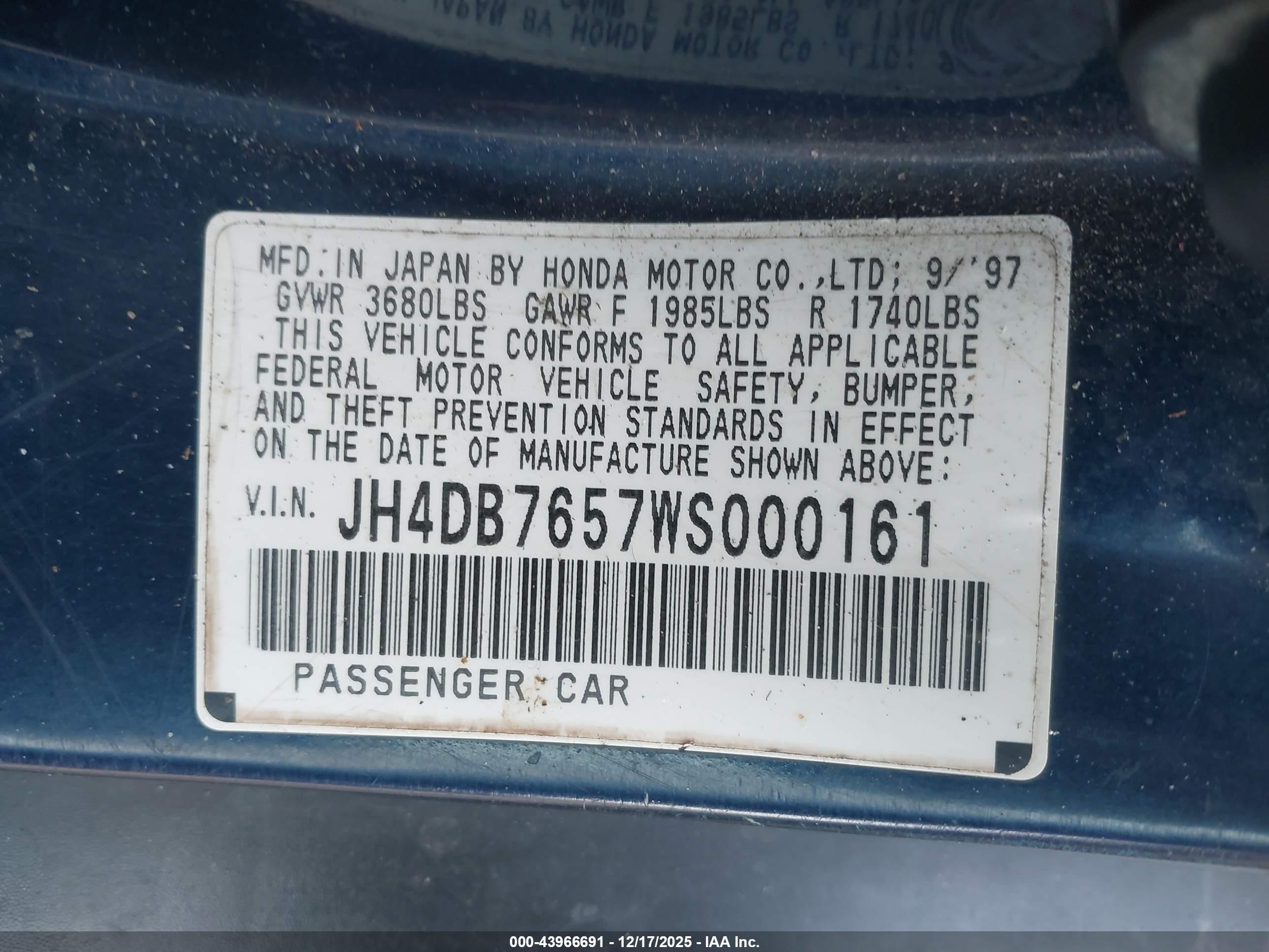 1998 Acura Integra Ls Blue vin: JH4DB7657WS000161