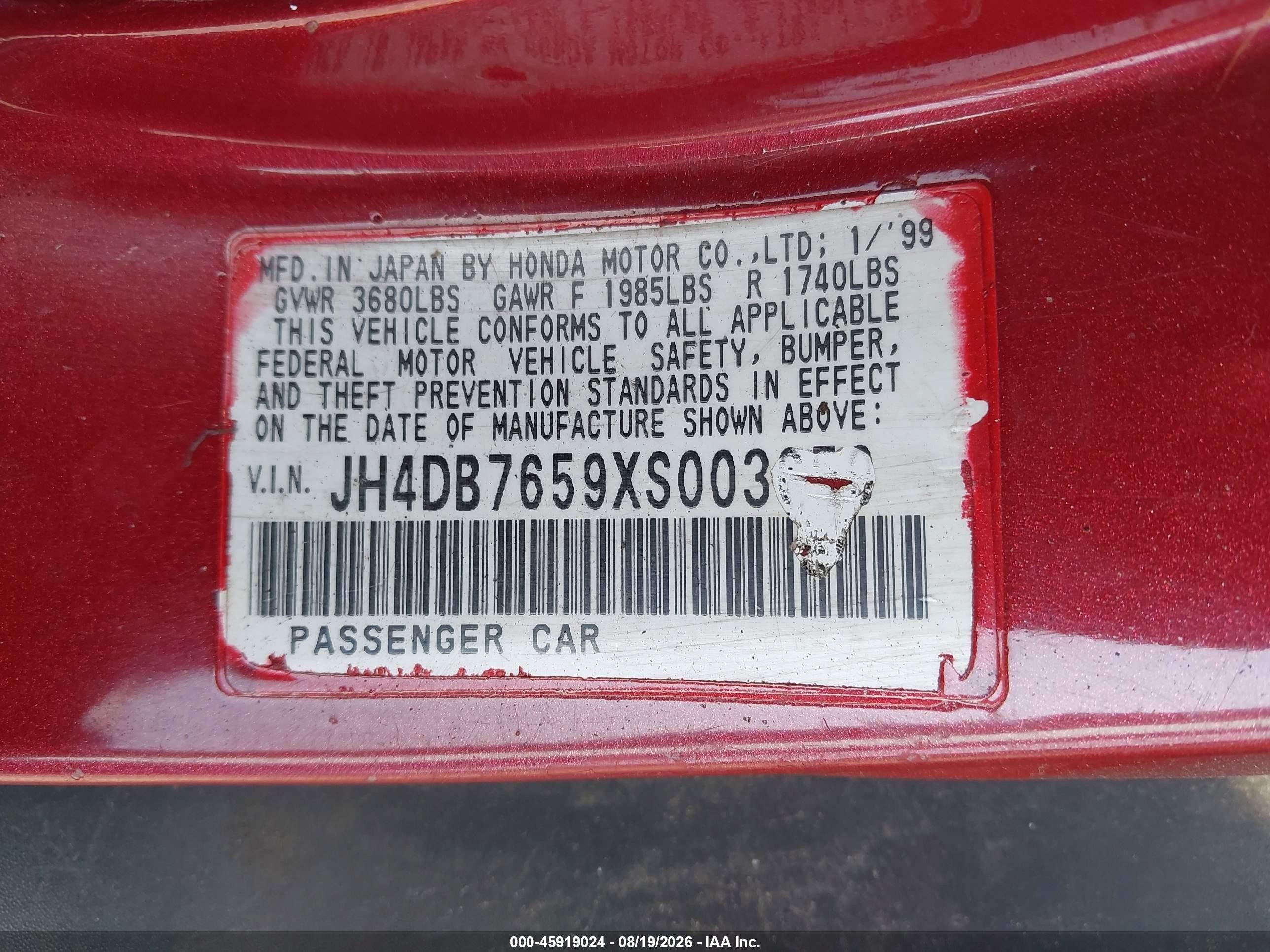 1999 Acura Integra Ls Blue vin: JH4DB7659XS003659