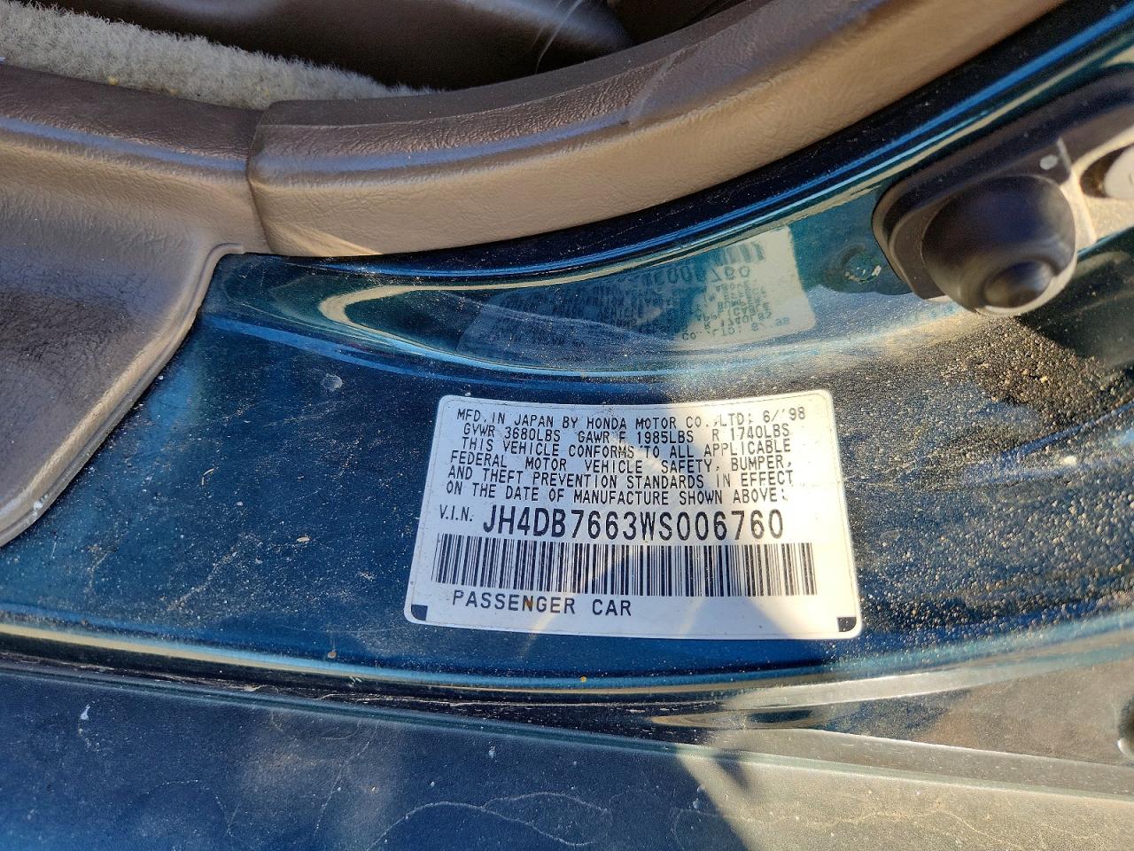 1998 Acura Integra Gs Teal vin: JH4DB7663WS006760
