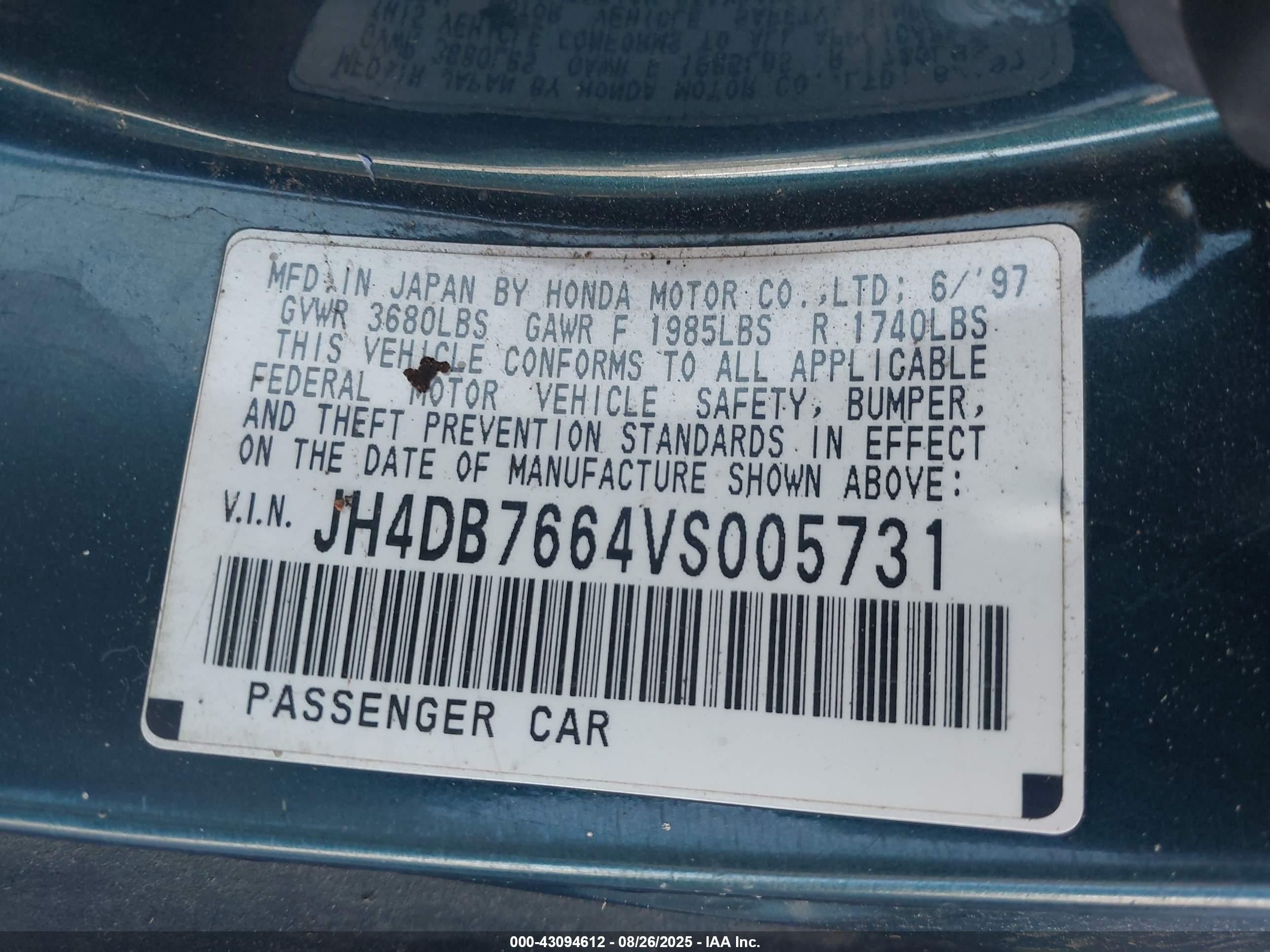 1997 Acura Integra Gs Green vin: JH4DB7664VS005731