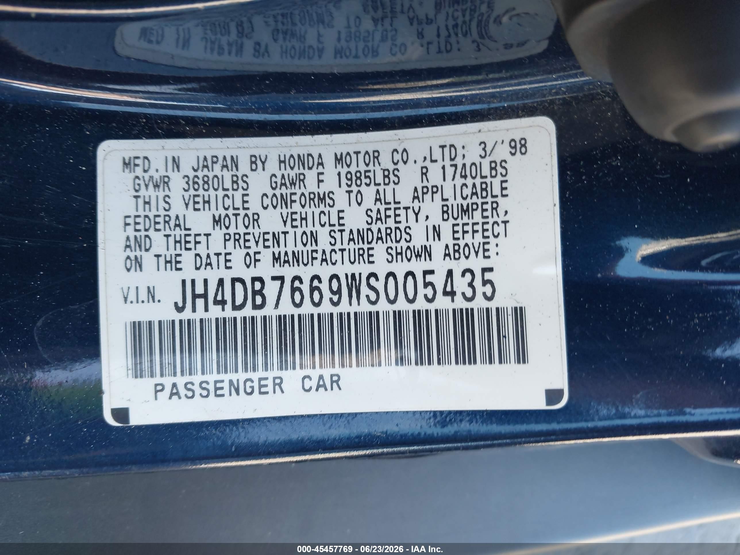 1998 Acura Integra Gs Blue vin: JH4DB7669WS005435