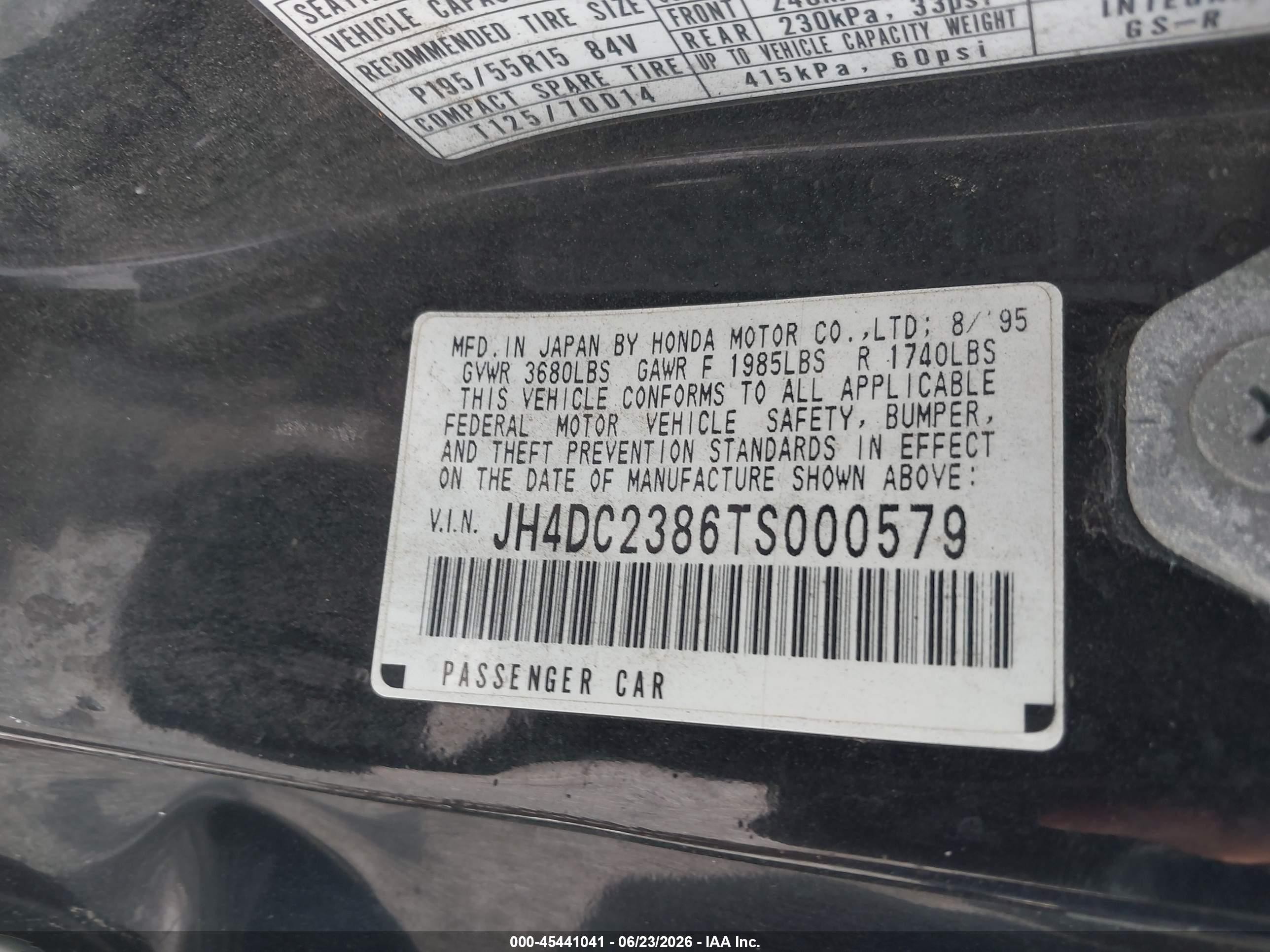 1996 Acura Integra Gsr Black vin: JH4DC2386TS000579