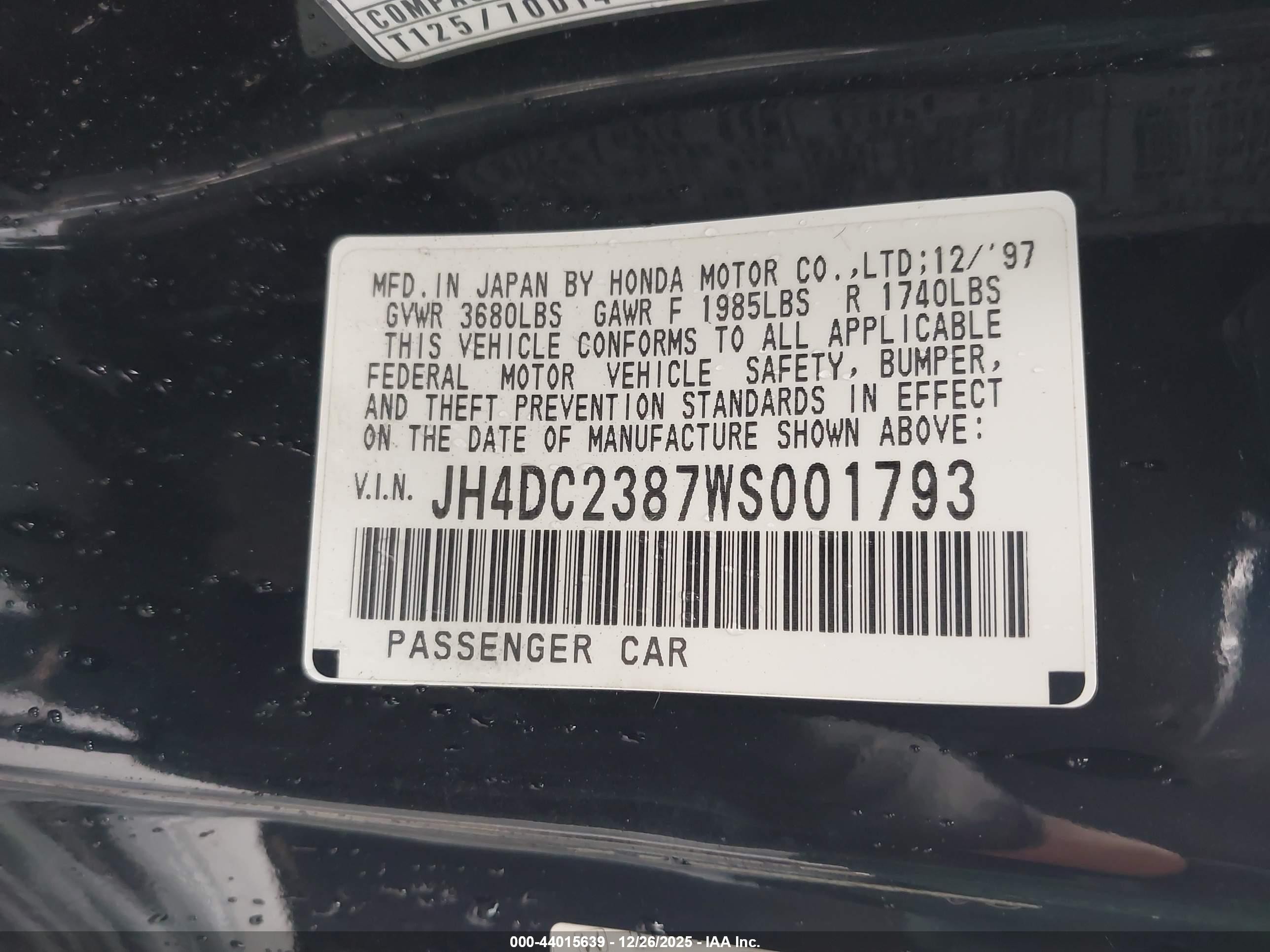 1998 Acura Integra Gs-r Black vin: JH4DC2387WS001793