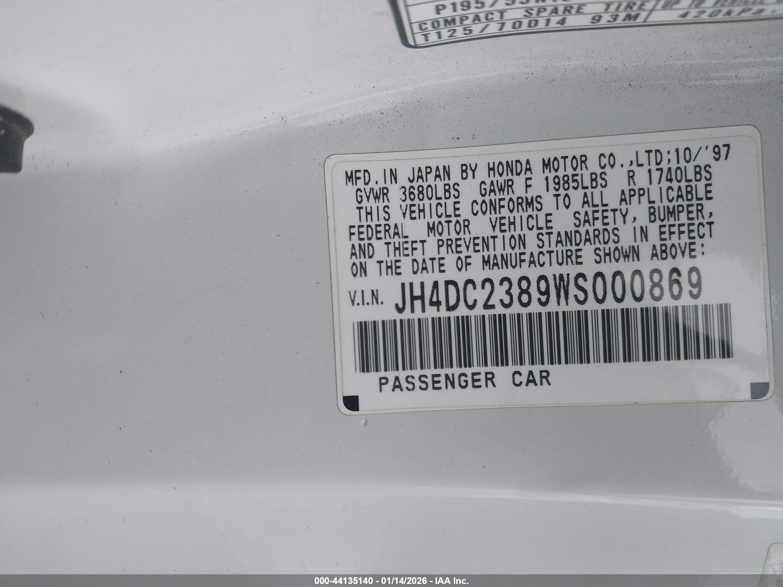 1998 Acura Integra Gs-r White vin: JH4DC2389WS000869
