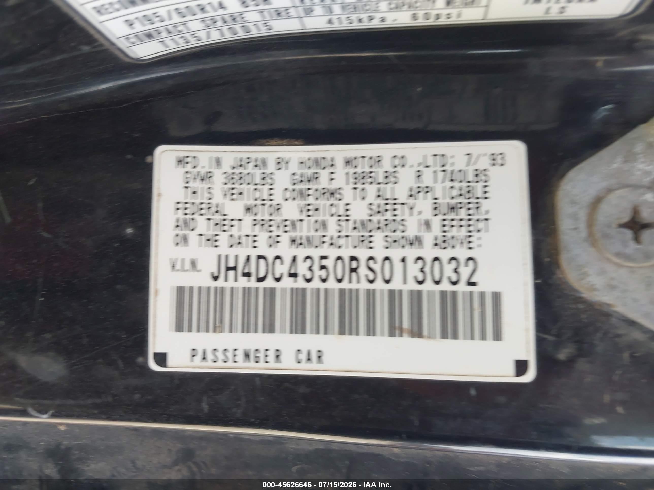 1994 Acura Integra Ls Black vin: JH4DC4350RS013032