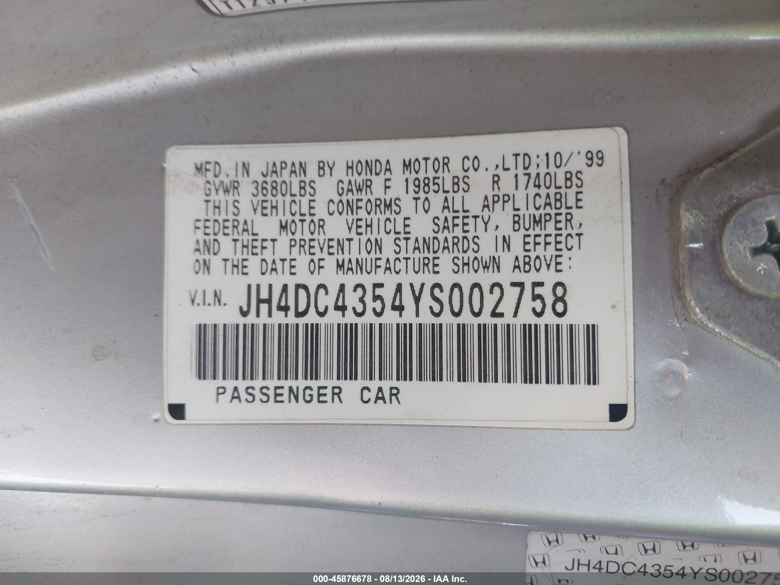 2000 Acura Integra Ls Silver vin: JH4DC4354YS002758
