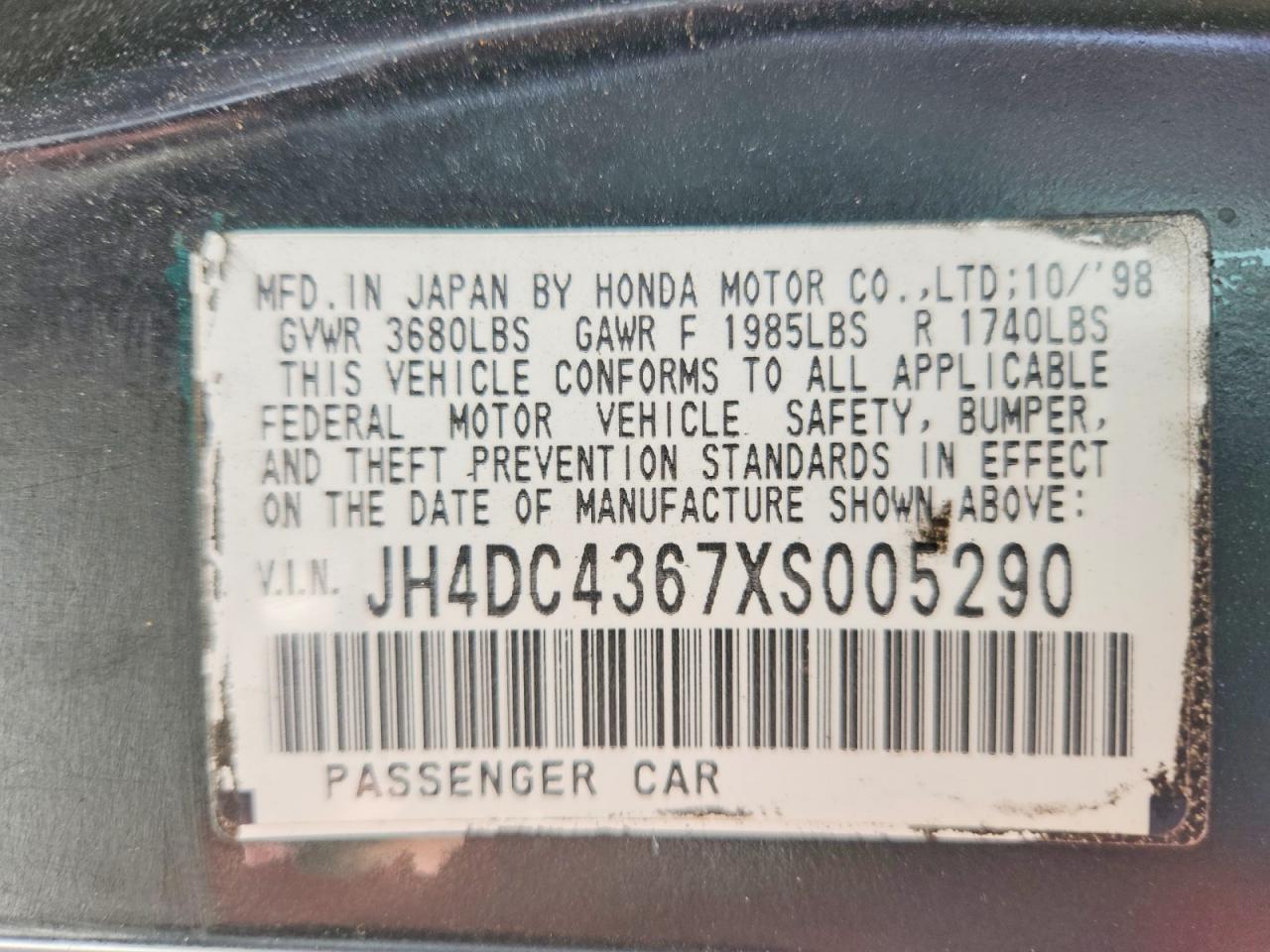 1999 Acura Integra Gs Black vin: JH4DC4367XS005290