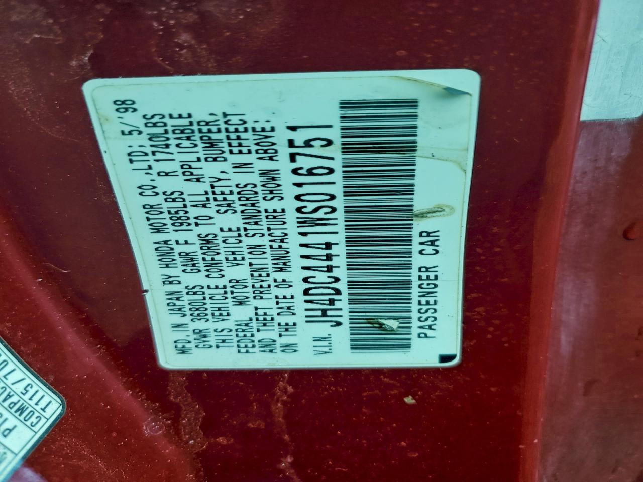 1998 Acura Integra Rs Red vin: JH4DC4441WS016751