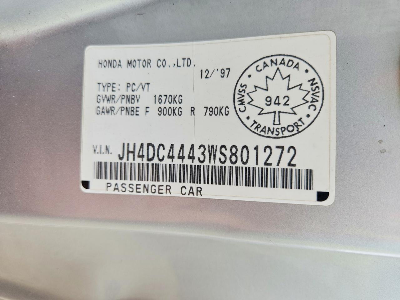 1998 Acura Integra Rs Silver vin: JH4DC4443WS801272