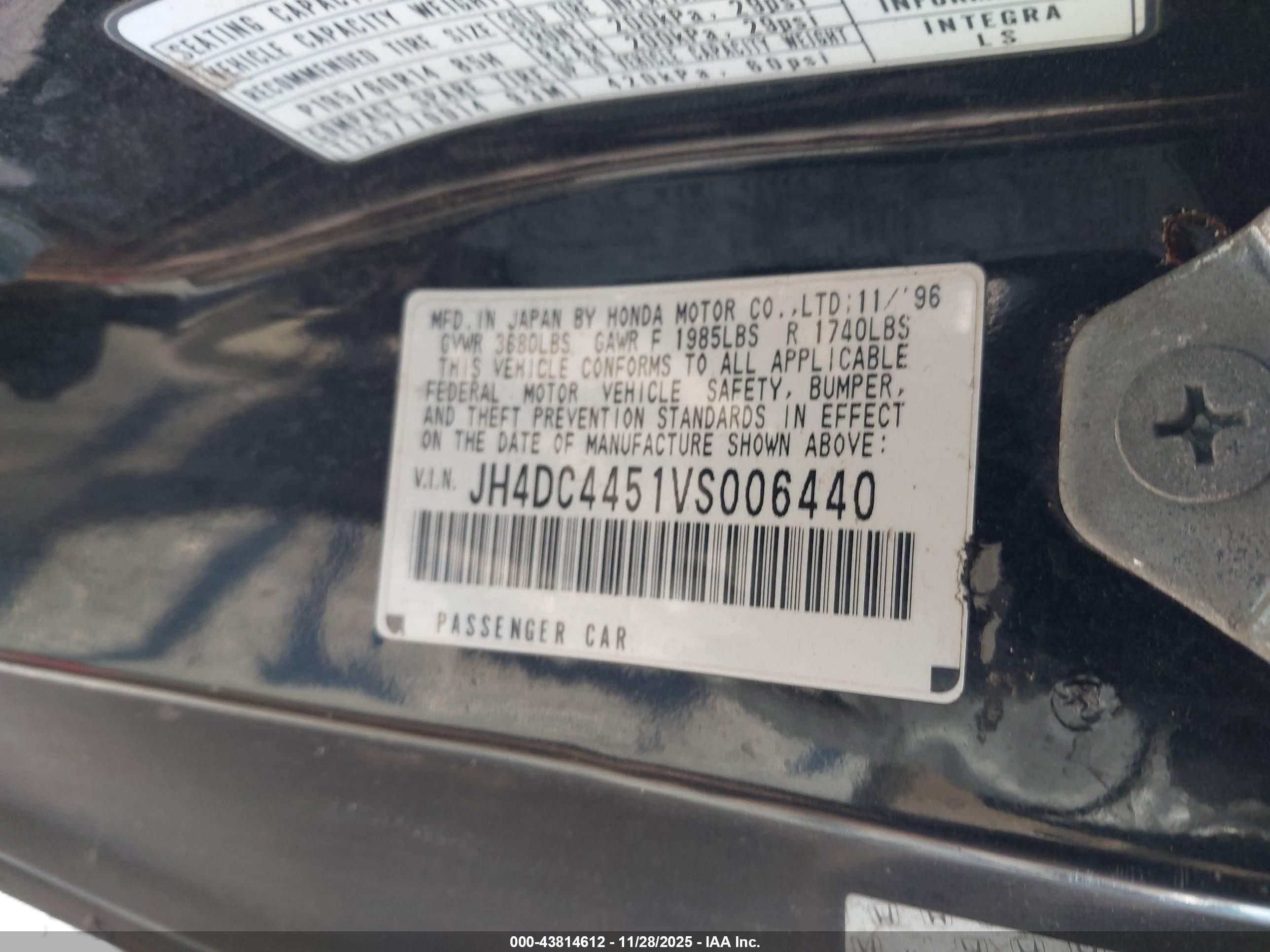 1997 Acura Integra Ls Черный vin: JH4DC4451VS006440