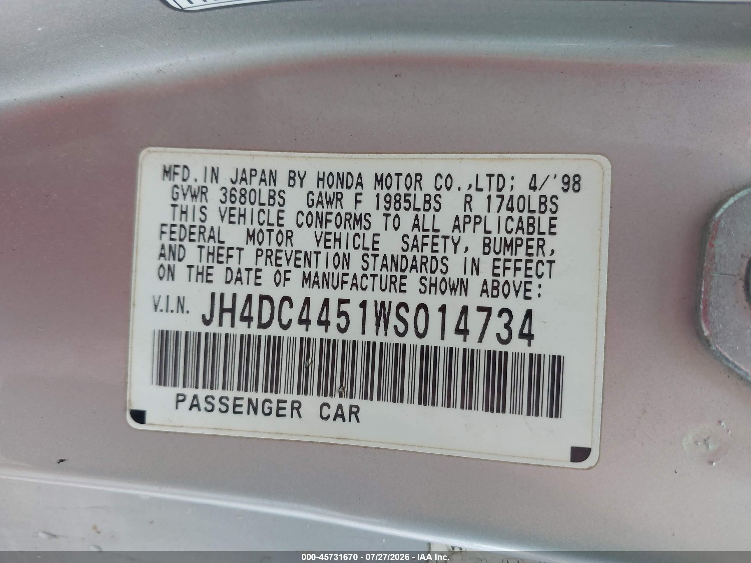 1998 Acura Integra Ls Gray vin: JH4DC4451WS014734