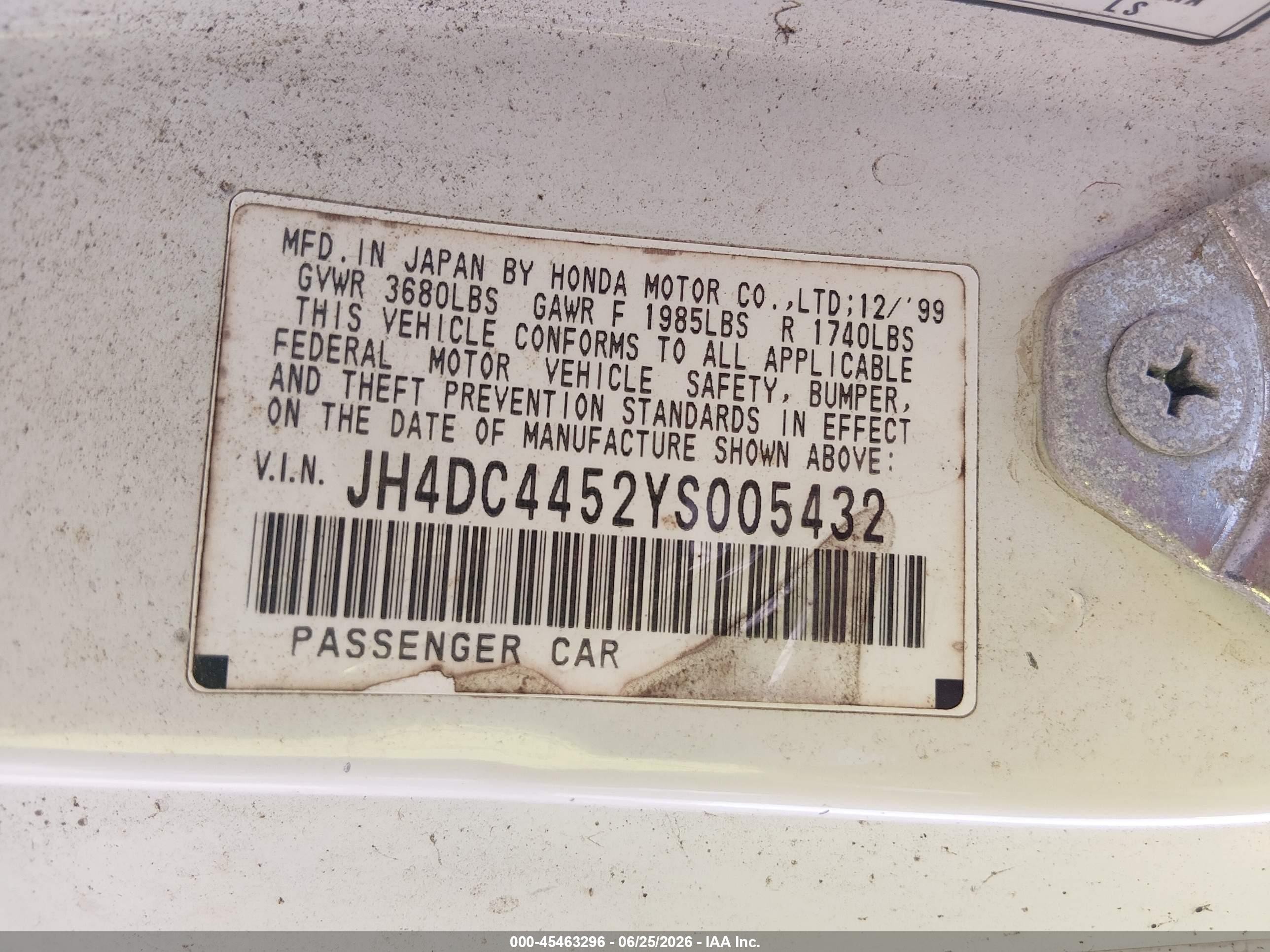 2000 Acura Integra Ls Белый vin: JH4DC4452YS005432