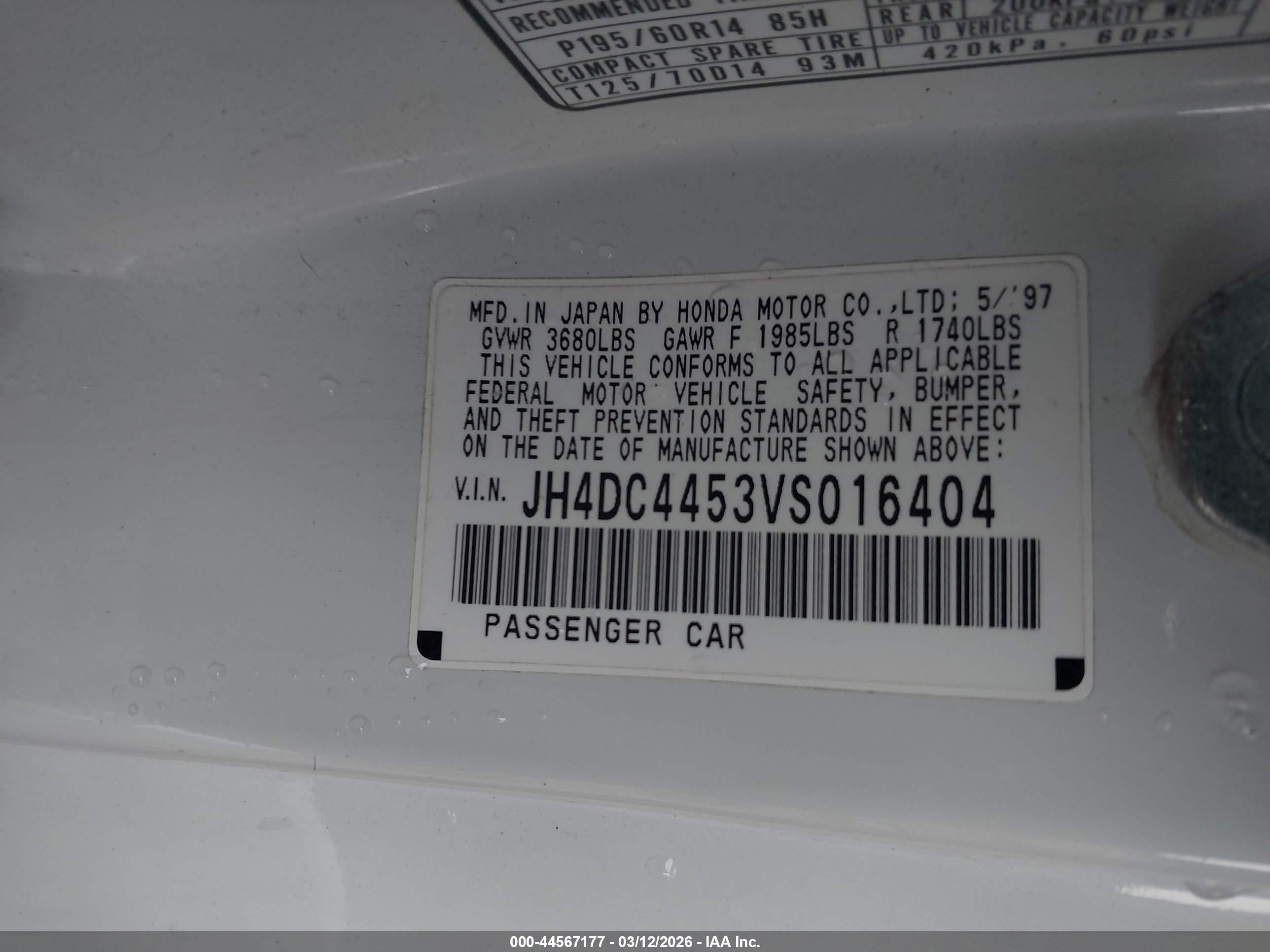 1997 Acura Integra Ls Белый vin: JH4DC4453VS016404