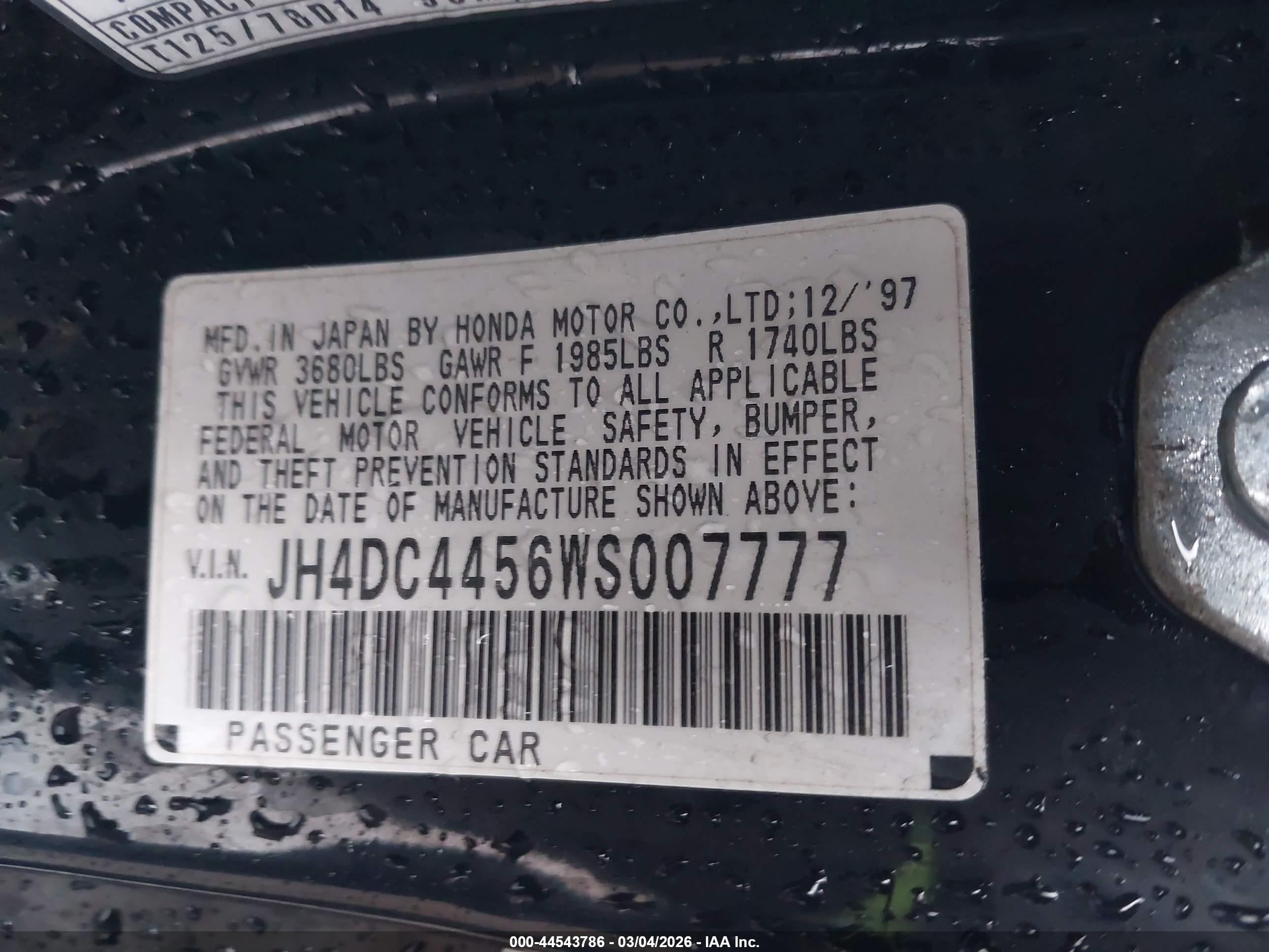 1998 Acura Integra Ls Black vin: JH4DC4456WS007777