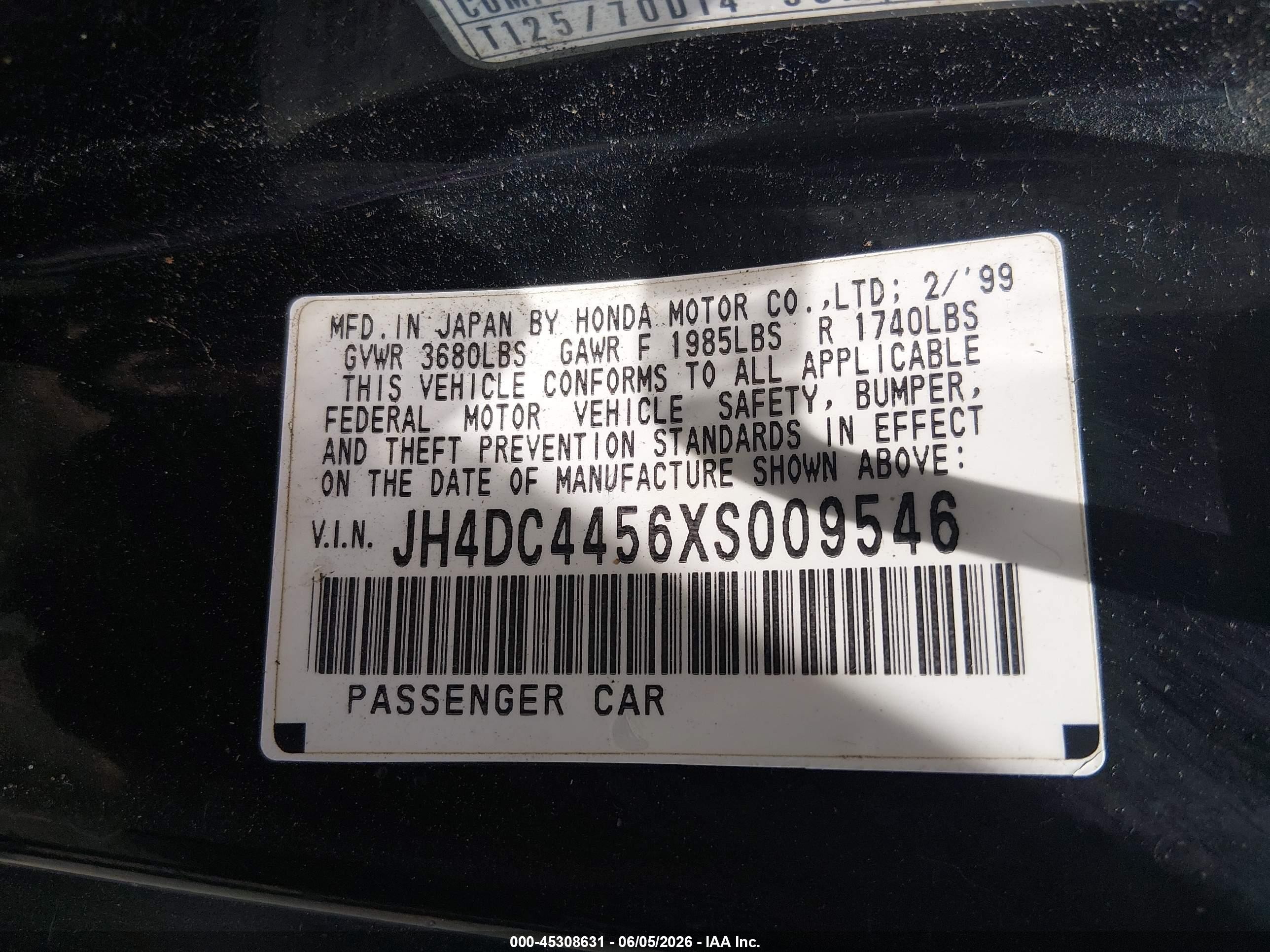 1999 Acura Integra Ls Black vin: JH4DC4456XS009546
