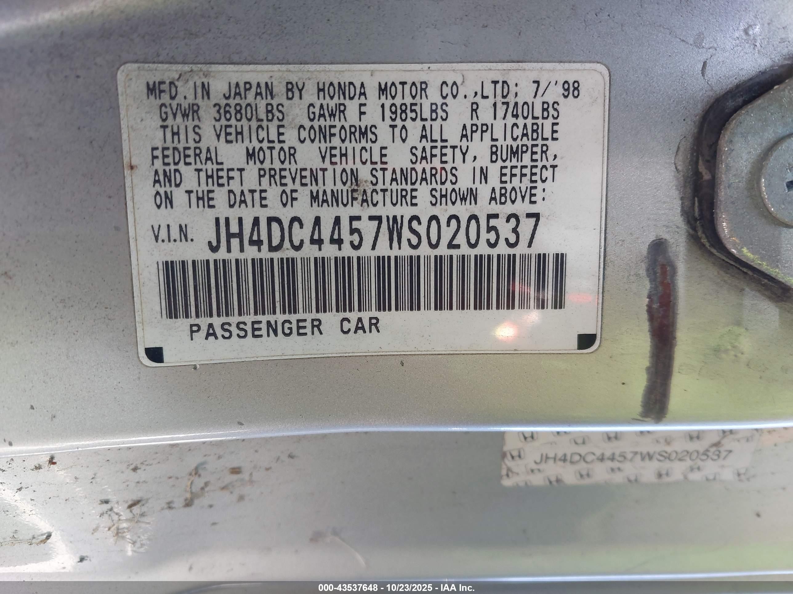 1998 Acura Integra Ls Silver vin: JH4DC4457WS020537