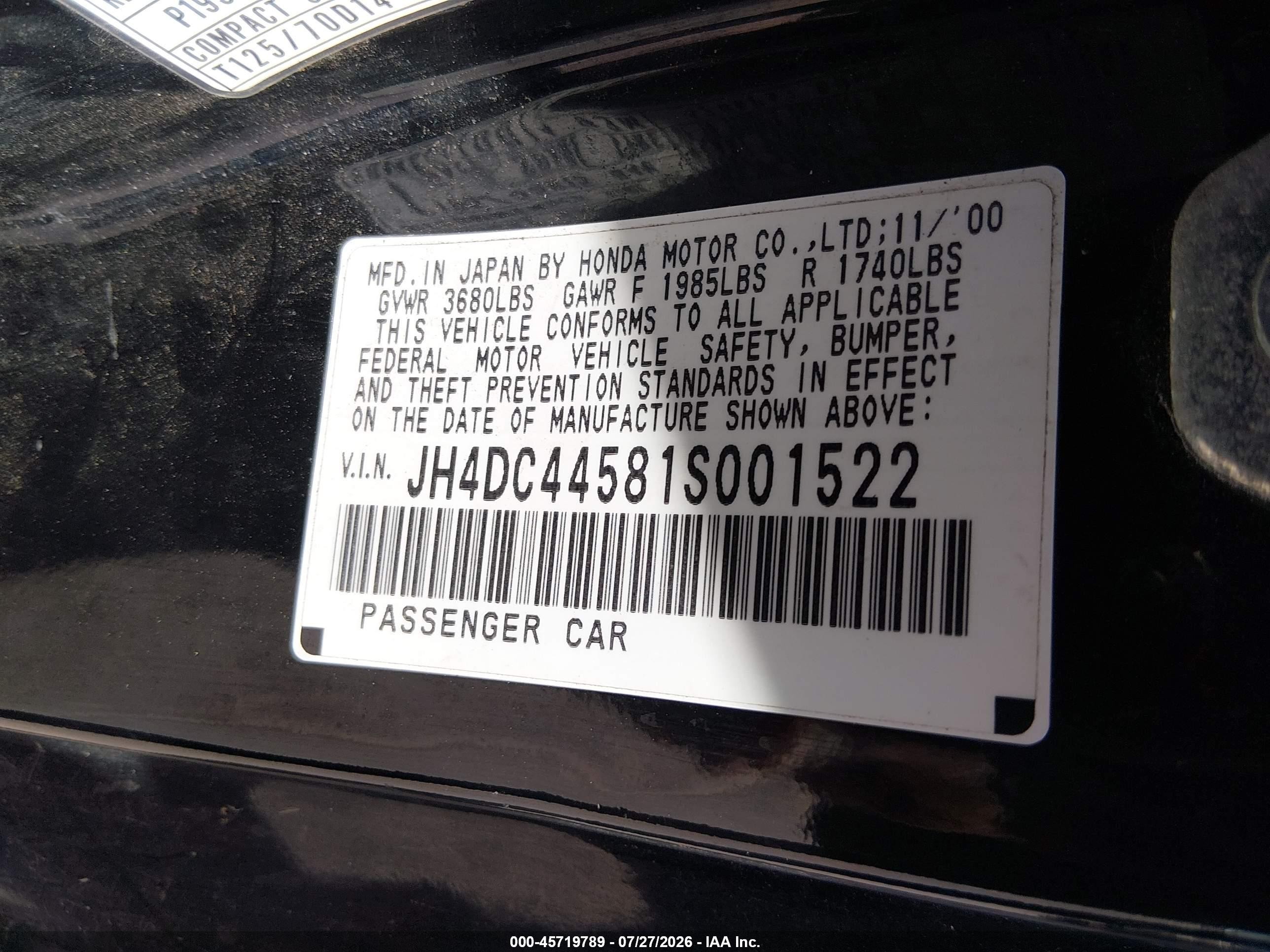 2001 Acura Integra Ls Черный vin: JH4DC44581S001522