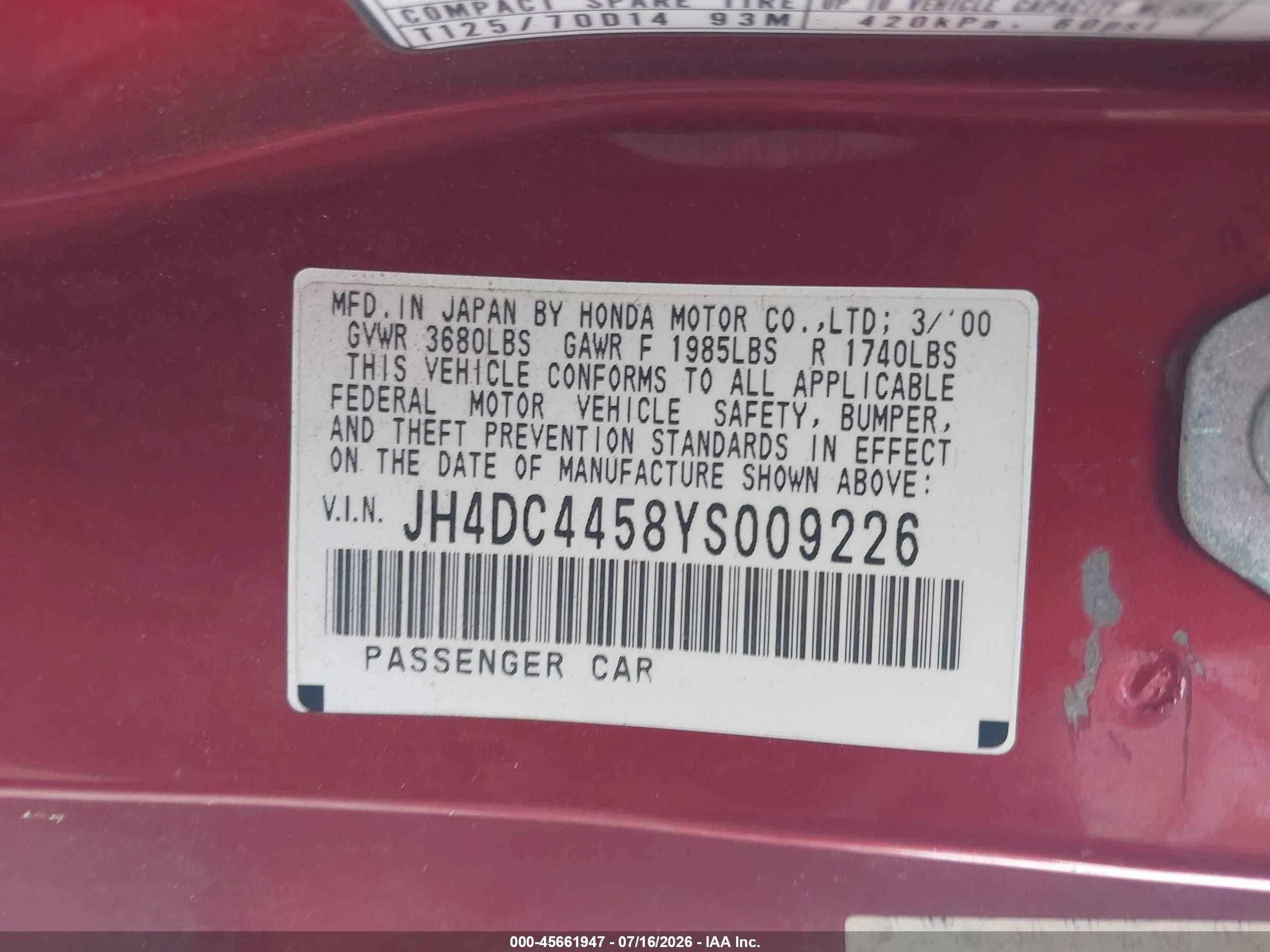 2000 Acura Integra Ls Maroon vin: JH4DC4458YS009226