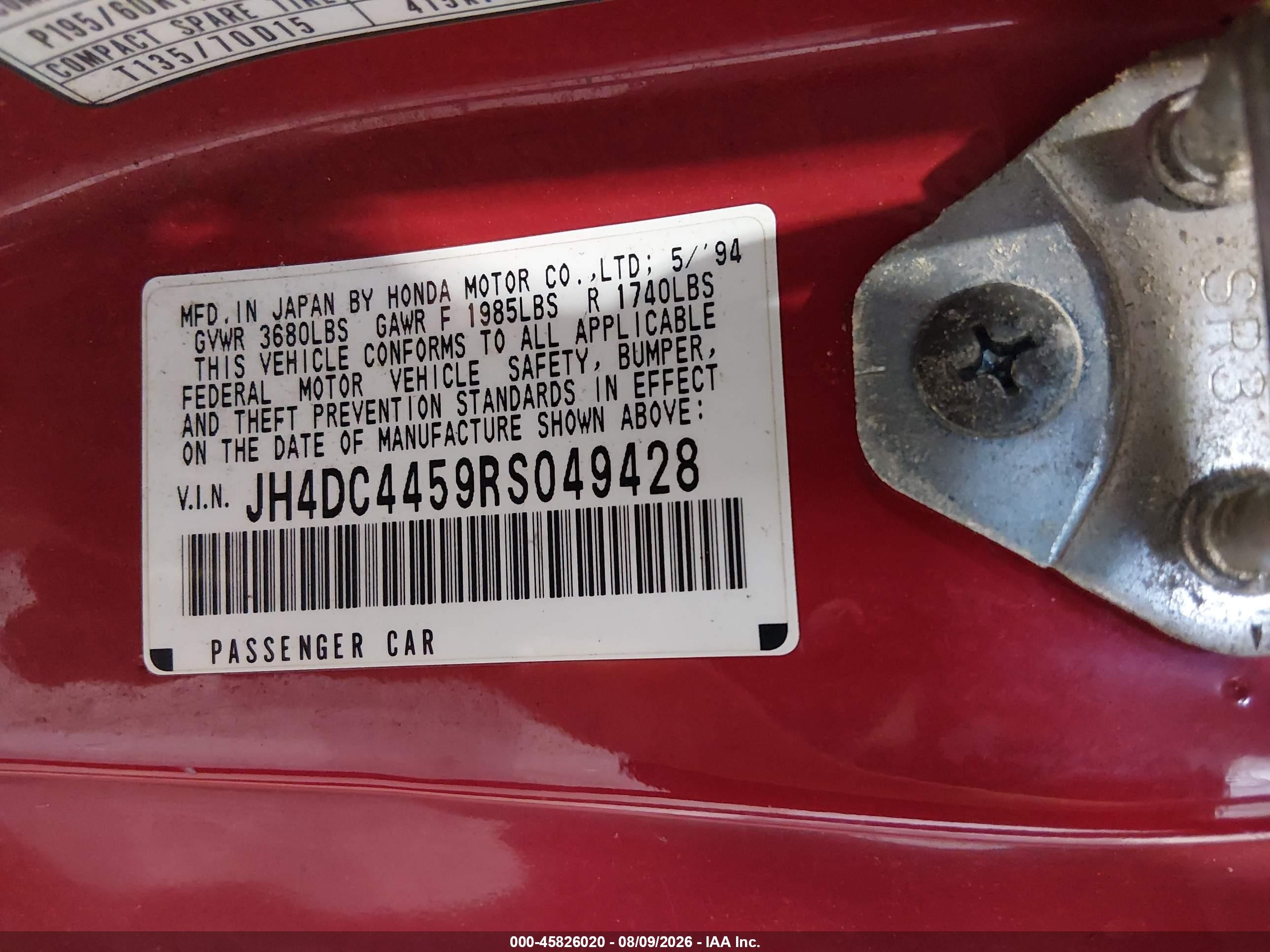 1994 Acura Integra Ls Red vin: JH4DC4459RS049428